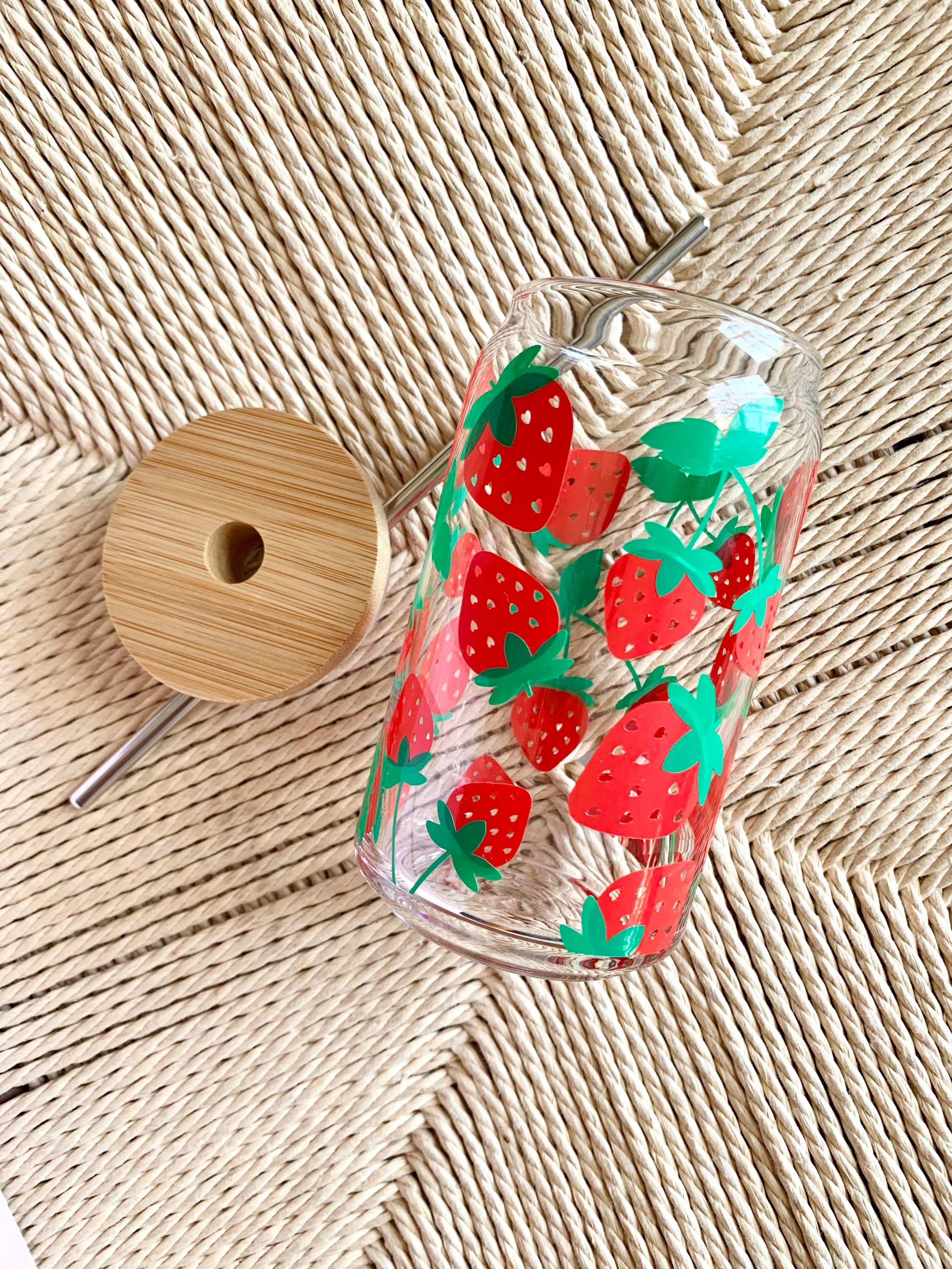 Strawberry Glass cup | fruit glass | iced coffee glass | glass with lid | strawberry can glass | gifts for her