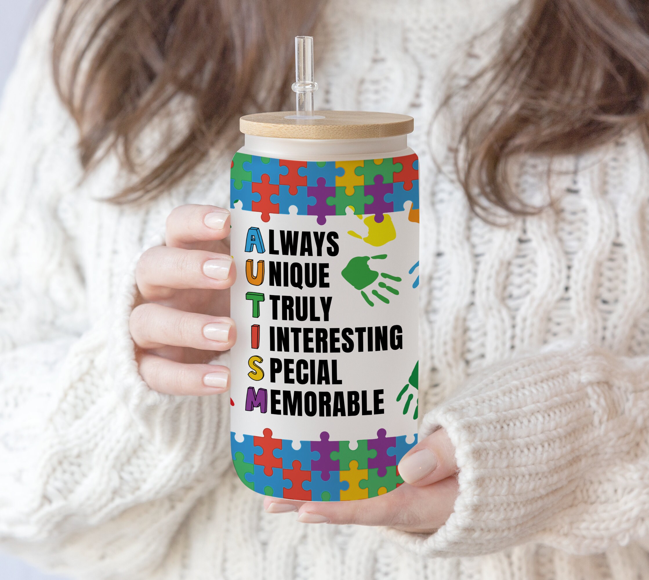 16 oz Libbey Glass Can Autism accept understand love Colorful Puzzle Designs | Autism Awareness sublimation design download | Autism Mom png