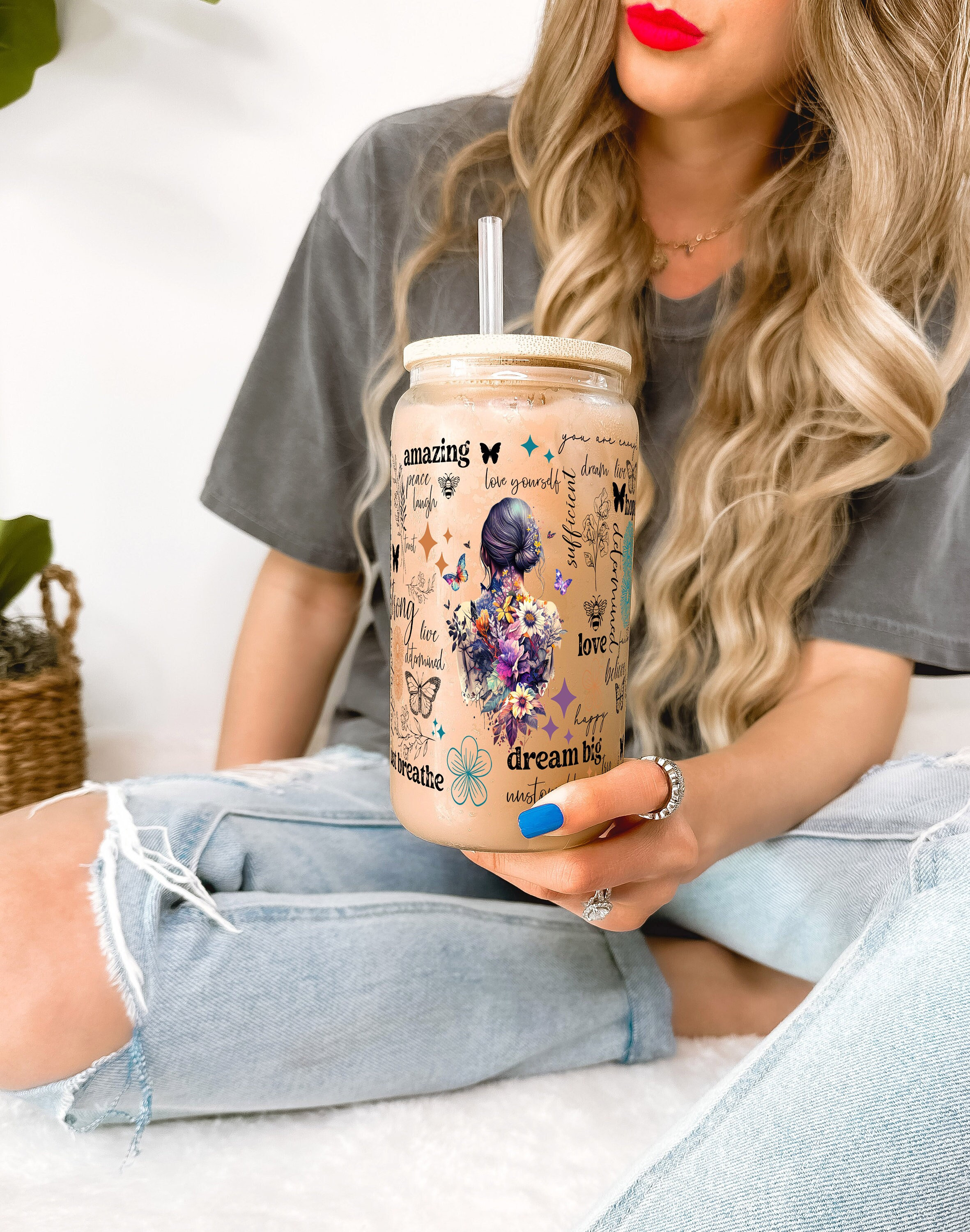 Daily Affirmations Cup Glass Tumbler Mental Health Tumbler Flower Iced Coffee Glass Cup 16oz Daily Affirmations Tumbler Best Friend Gifts