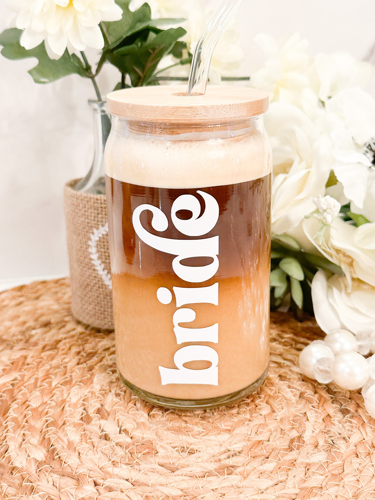 Bride Gift Iced Coffee Glass, Bride-to-be Gift, Bridal Shower Coffee Cup w/Bamboo Lid & Straw, Engagement, Future Mrs., Custom Coffee Cup