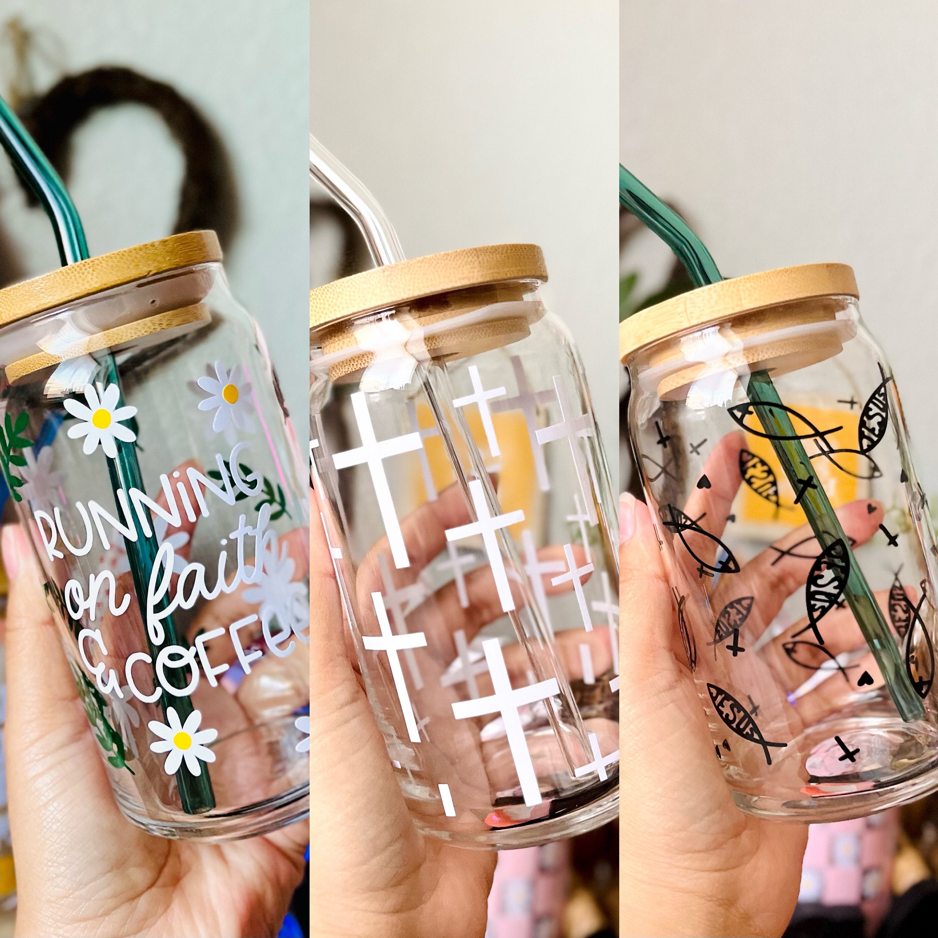 Running on Faith & Coffee Floral Daisies 16 oz Beer Can Glass | Easter Day | Spring Cup | Self Love | Iced Coffee | Jesus | Boho Crosses