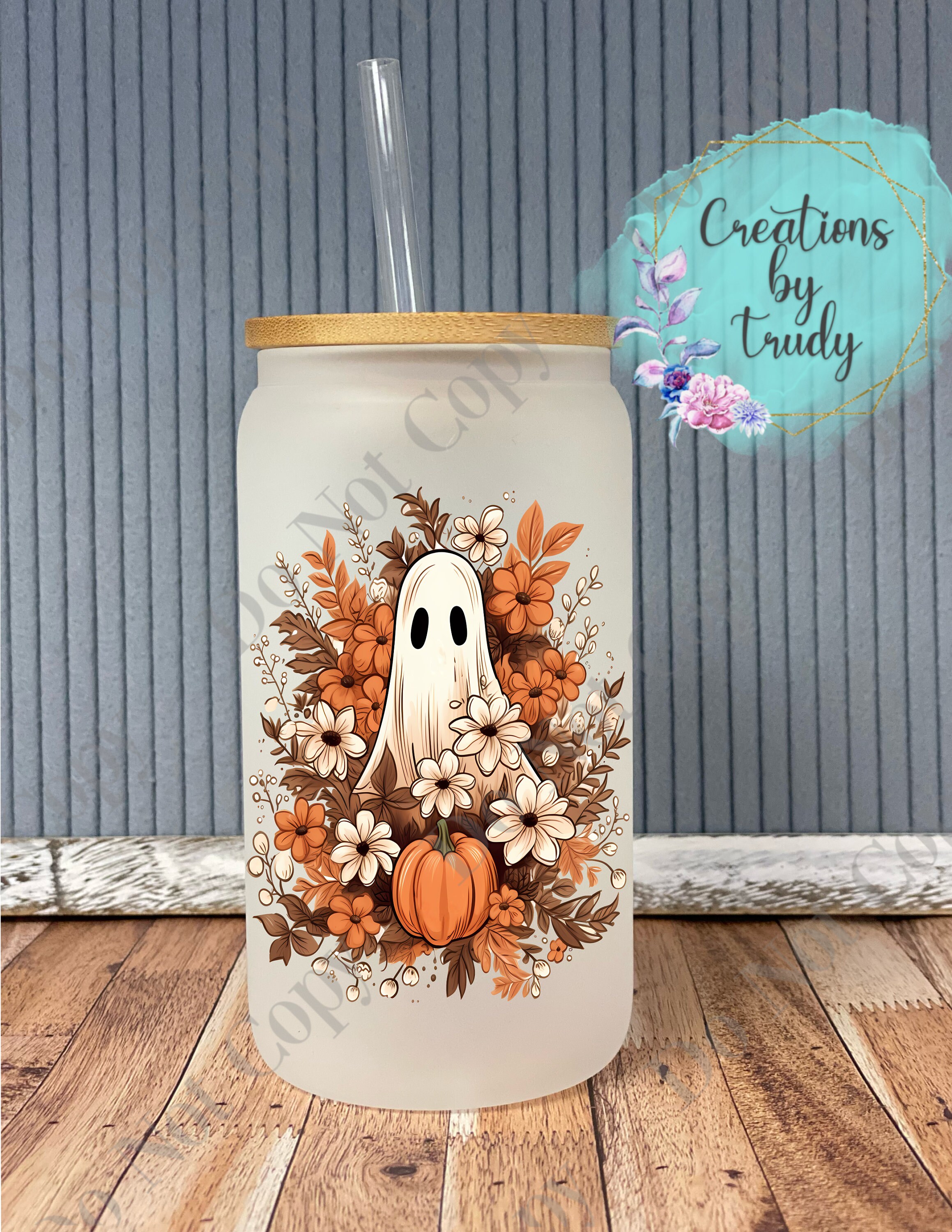 Fall floral ghost – frosted can shaped glass with lid and straw