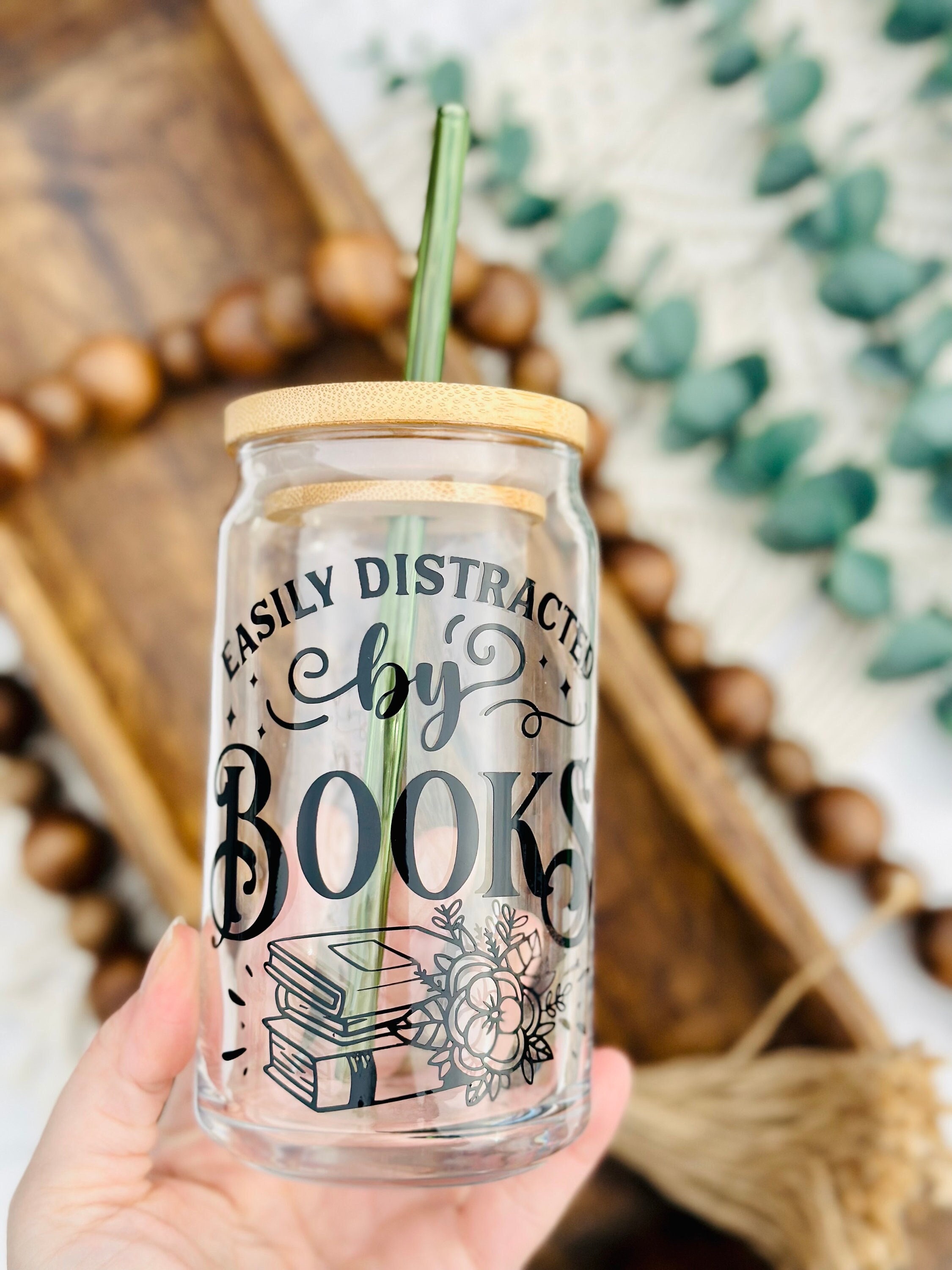 Book lovers beer can glass, distracted by books Beer glass, libbey glass, coffee glass, engraved bamboo lid, iced coffee glass