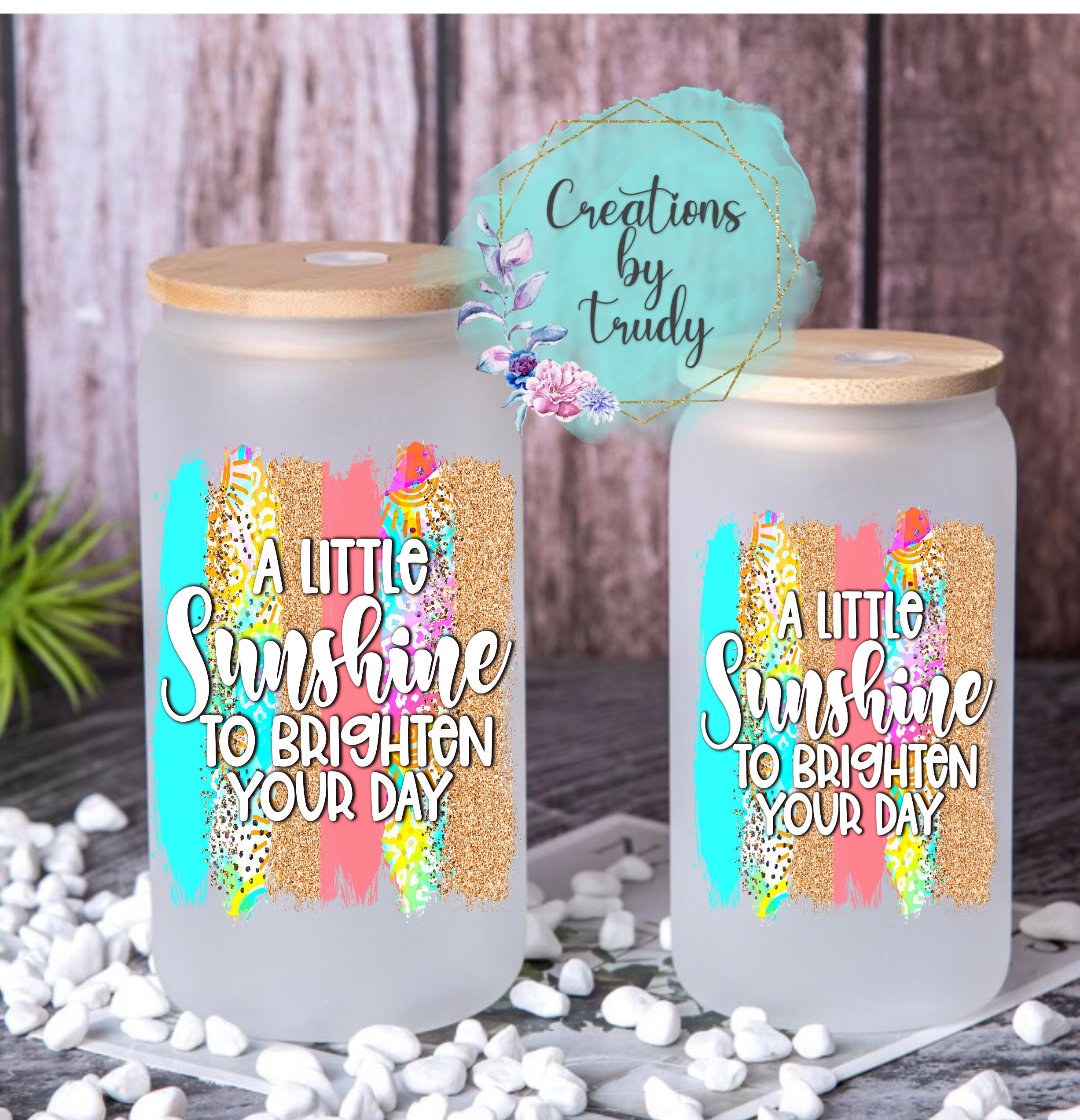 A little Sunshine to brighten your day- frosted can shaped glass with lid and straw