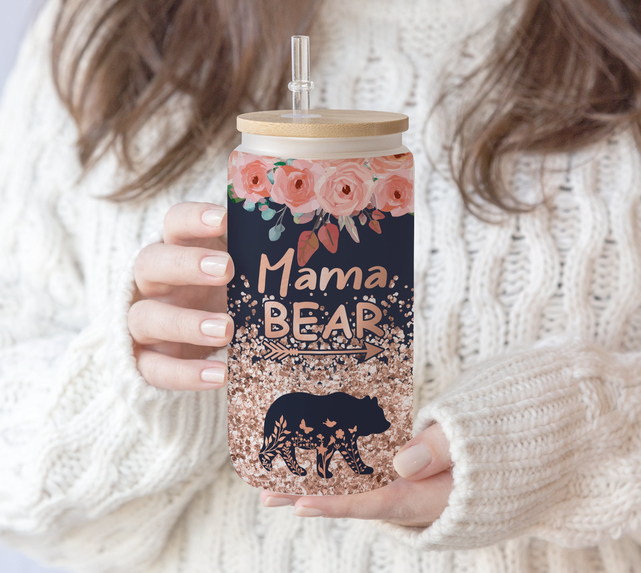 16 oz Libbey Glass Can Tumbler Mama bear Glitter rose flower , Mama grand mom Sublimation Design, Gift for mom Waterslide glass png