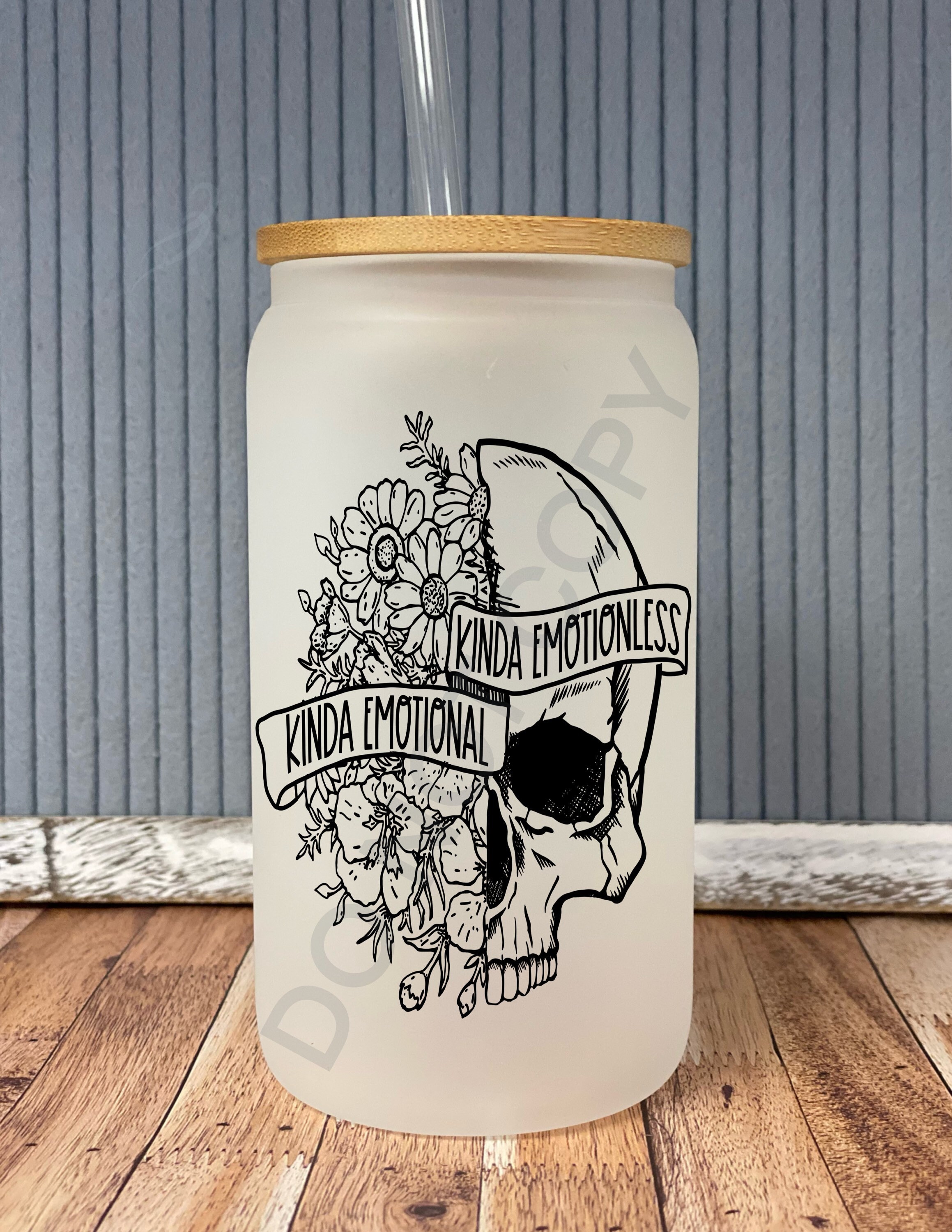 Kinda emotional kinda emotionless floral skull- frosted can shaped glass with lid and straw