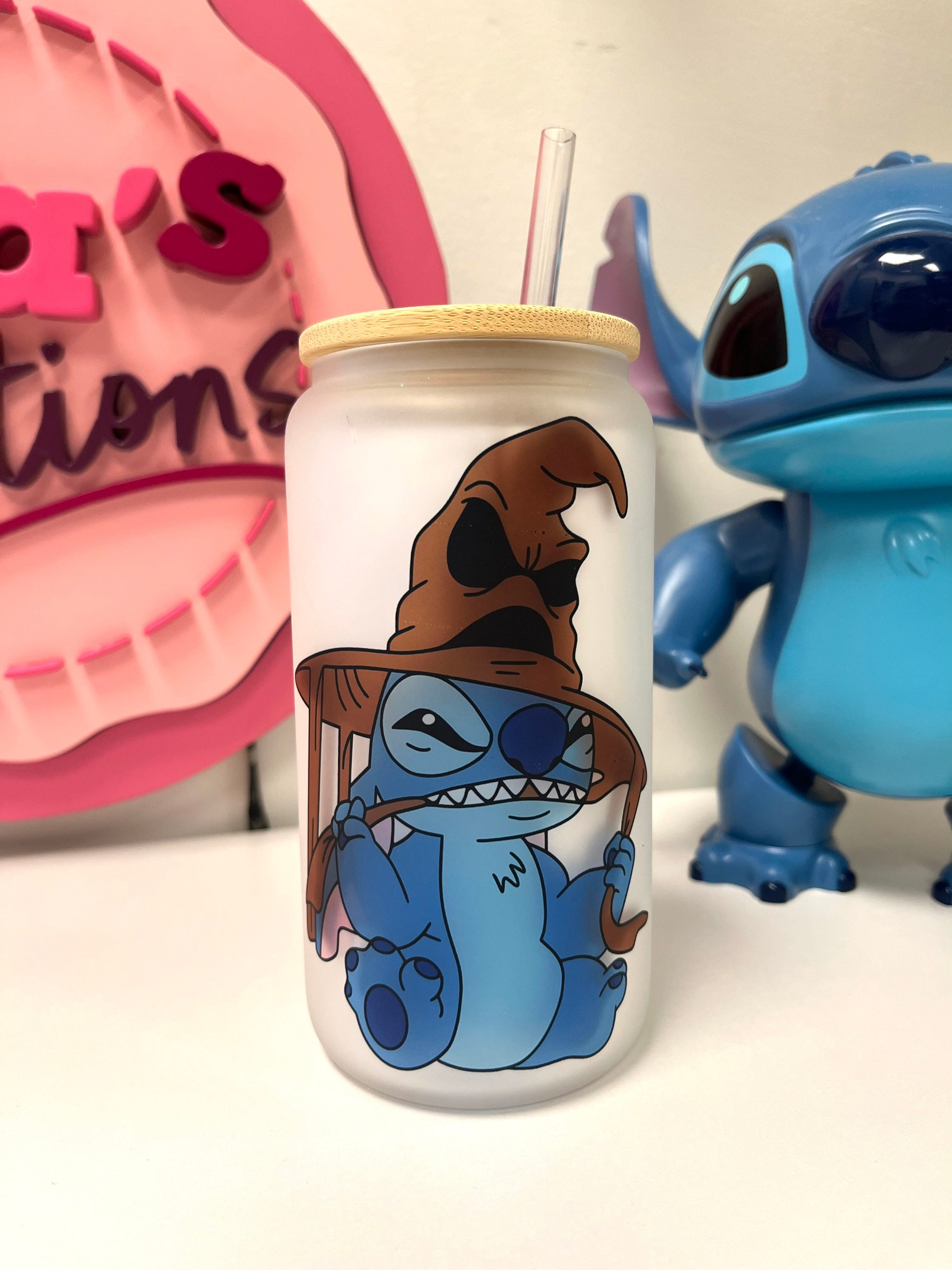 Stitch Wizard hat frosted glass can, Stitch frosted glass can, Custom Stitch glass can