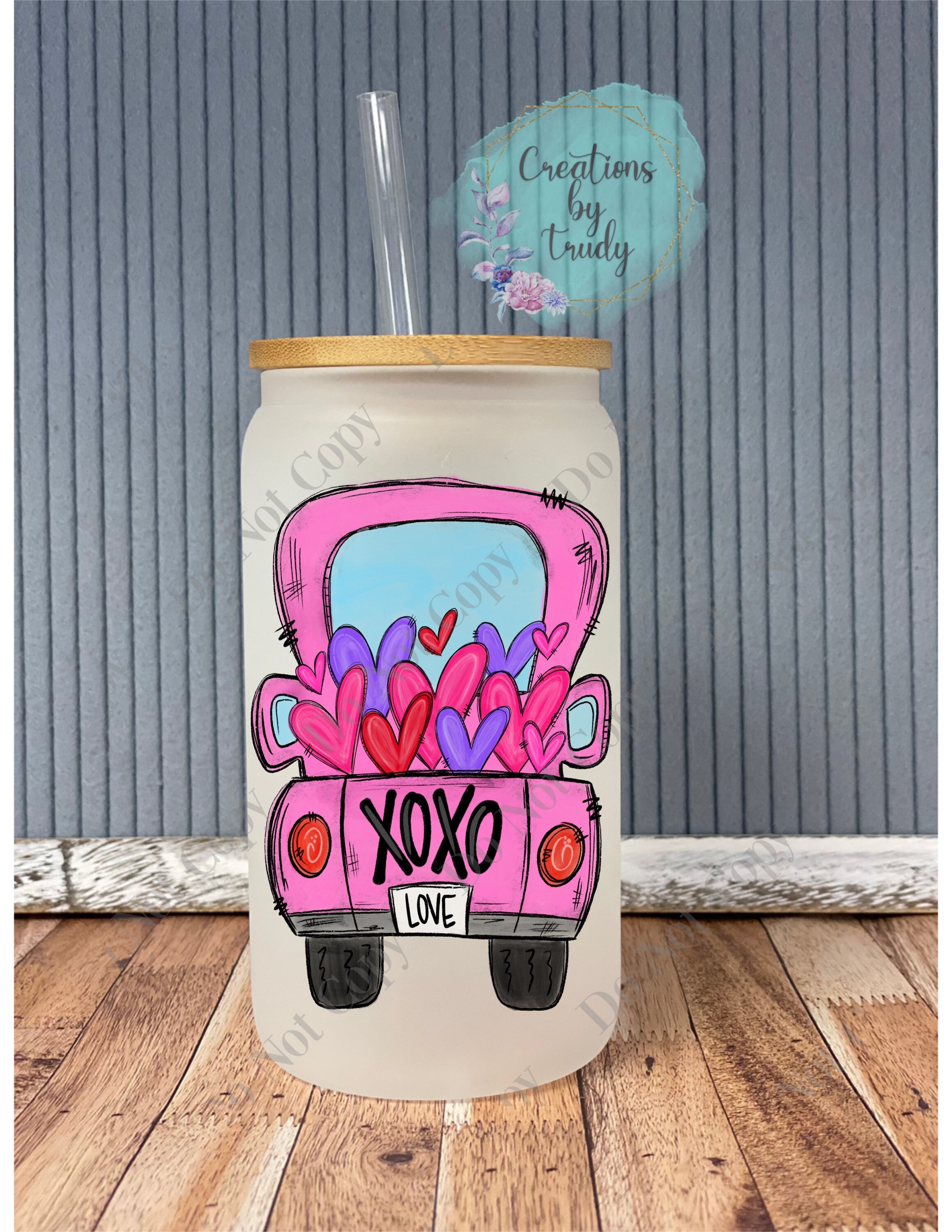 Valentines truck- frosted can shaped glass with lid and straw