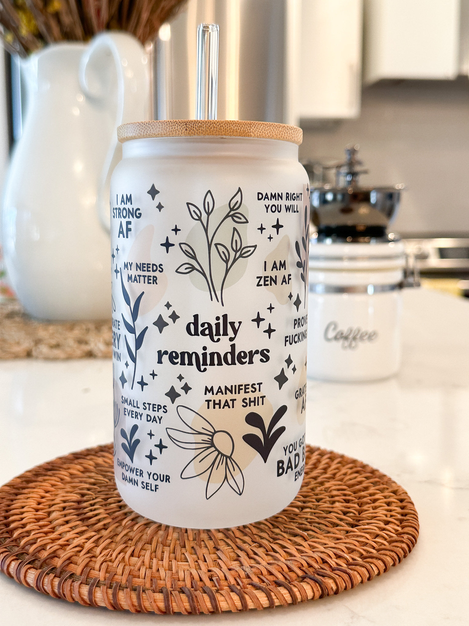 Daily Reminders Frosted Can Glass, Positive Mental Health Gift, 16 oz Cup w/Lid & Straw, Gift For Friend, Motivational Iced Coffee Drink