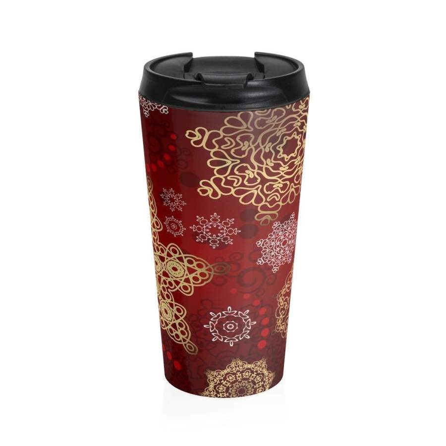 Stainless Steel Travel Mug, Christmas Snowflakes Holiday Travel Mug, All Over Print Steel Mug, 15 Ounce Tumbler, 15oz Coffee Tea Drink Cup