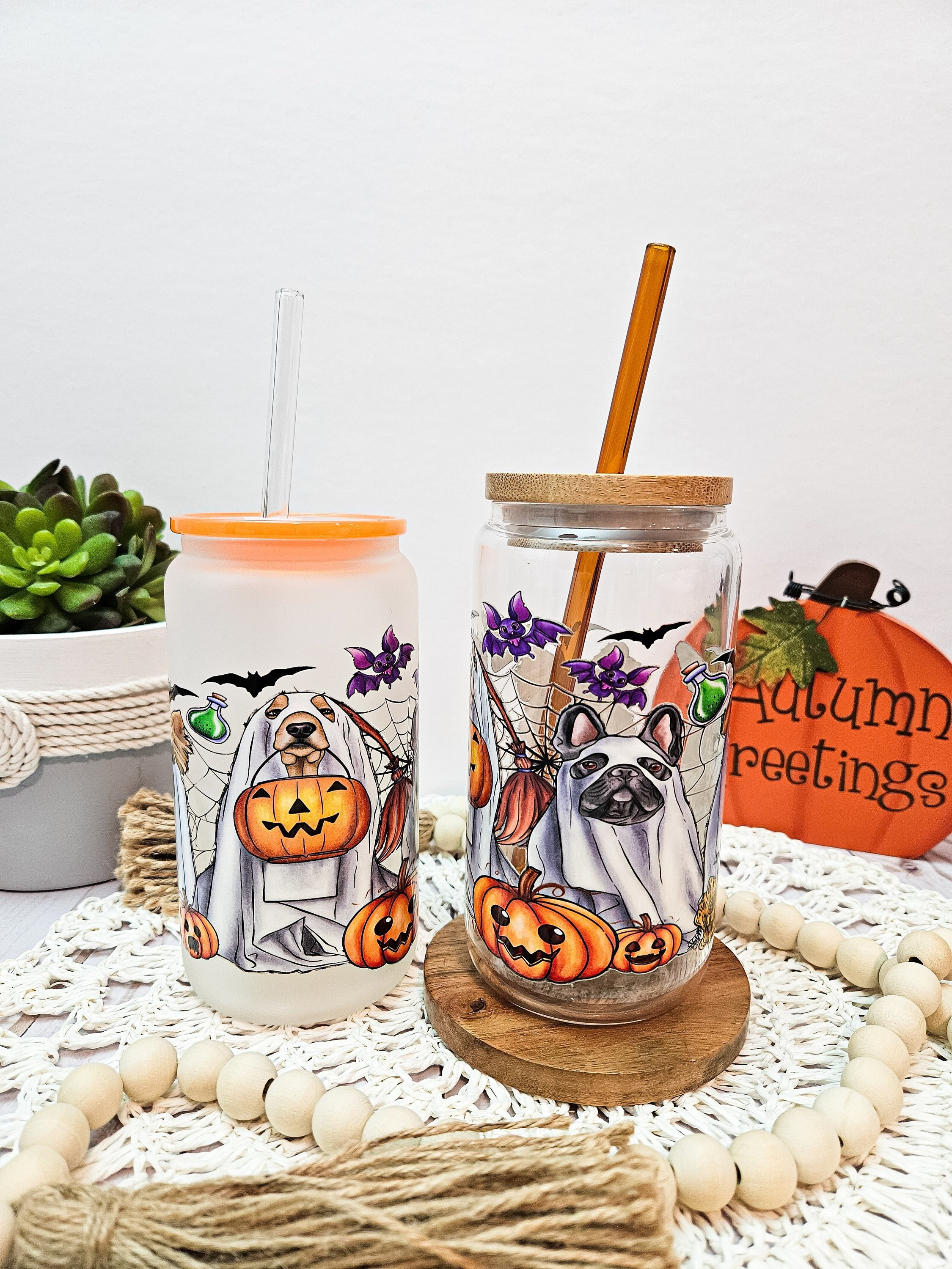 Halloween Glass Cup, Cute Ghost Dogs Glas Can, Aesthetic Iced Coffee Cup, Spooky Season Gift, Dog in Ghost Costume, Trendy Halloween Cup