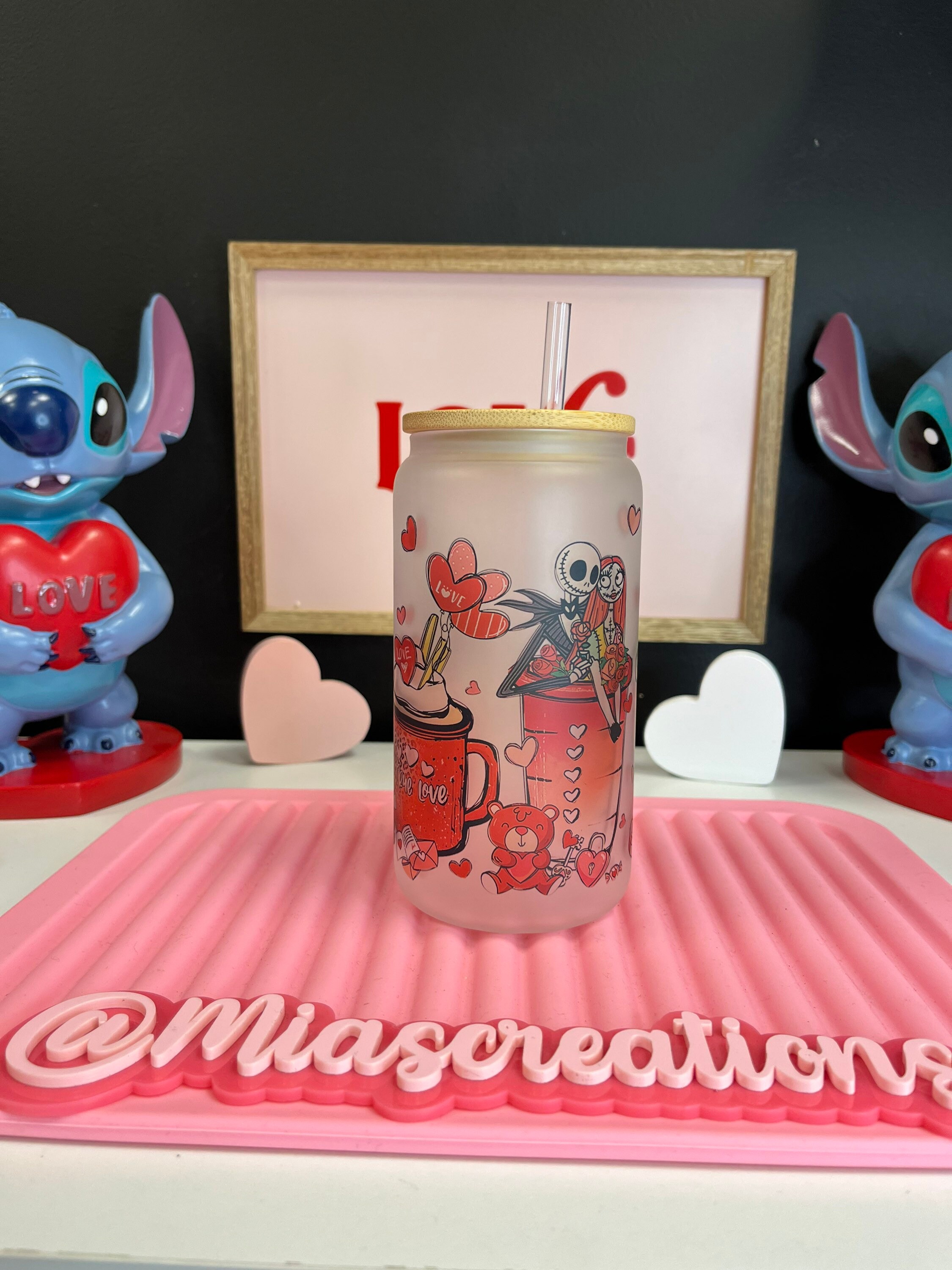 Nightmare before Christmas Valentines glass can, Custom glass can, Valentines frosted glass can