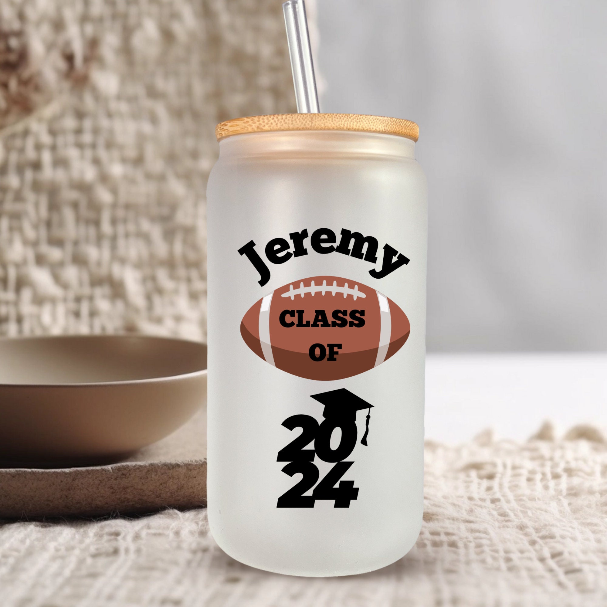 Personalized 2024 Football Graduation Gift for Him, Libbey Beer Glass Can with Lid and Straw, Custom Graduation Gifts, Class of 2024 Gifts