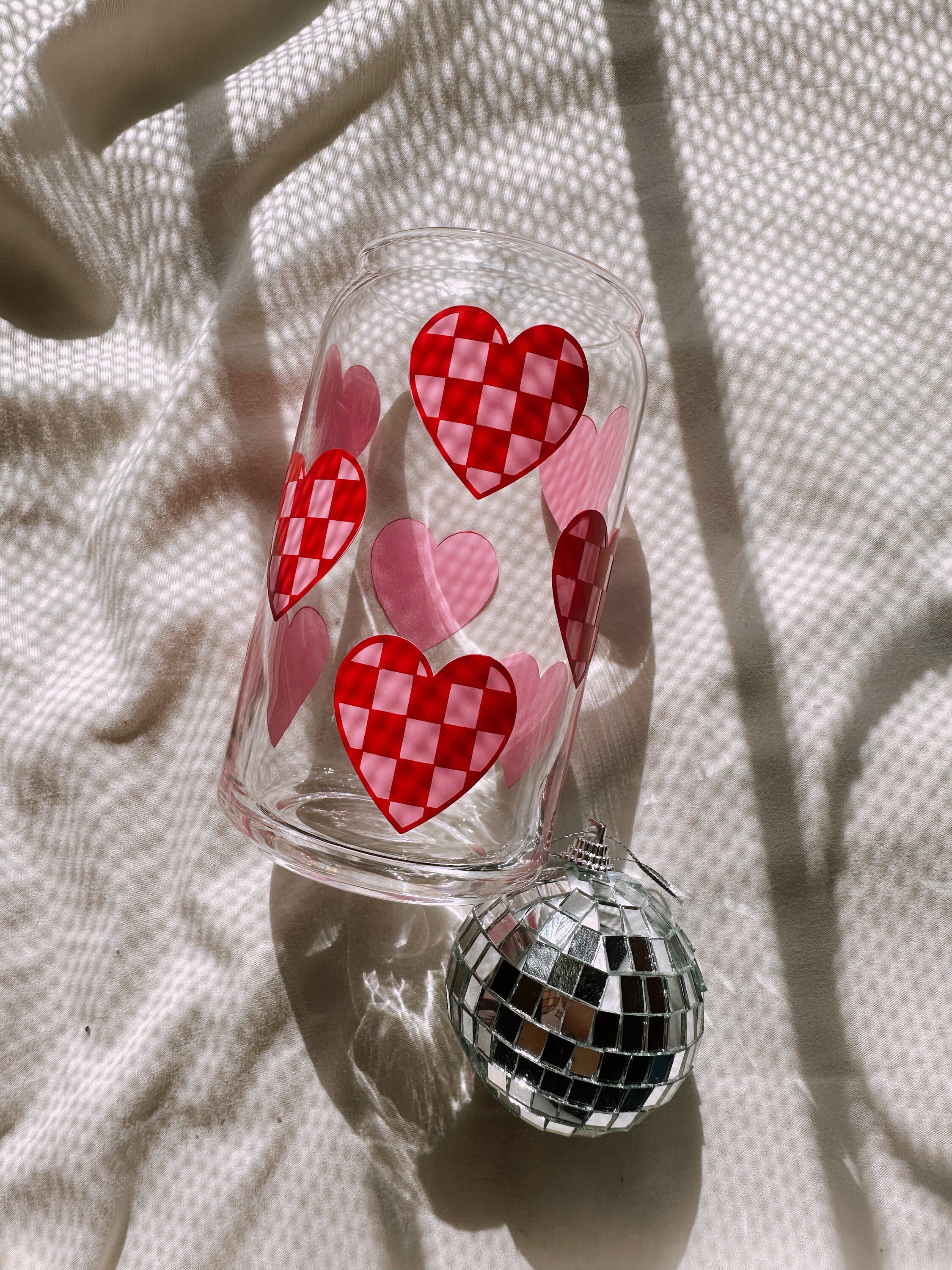 Checkered Hearts Glass Cup, Valentines Cup, Checkered Cup, Trendy Cup, Pink Cup, Love Glass Cup