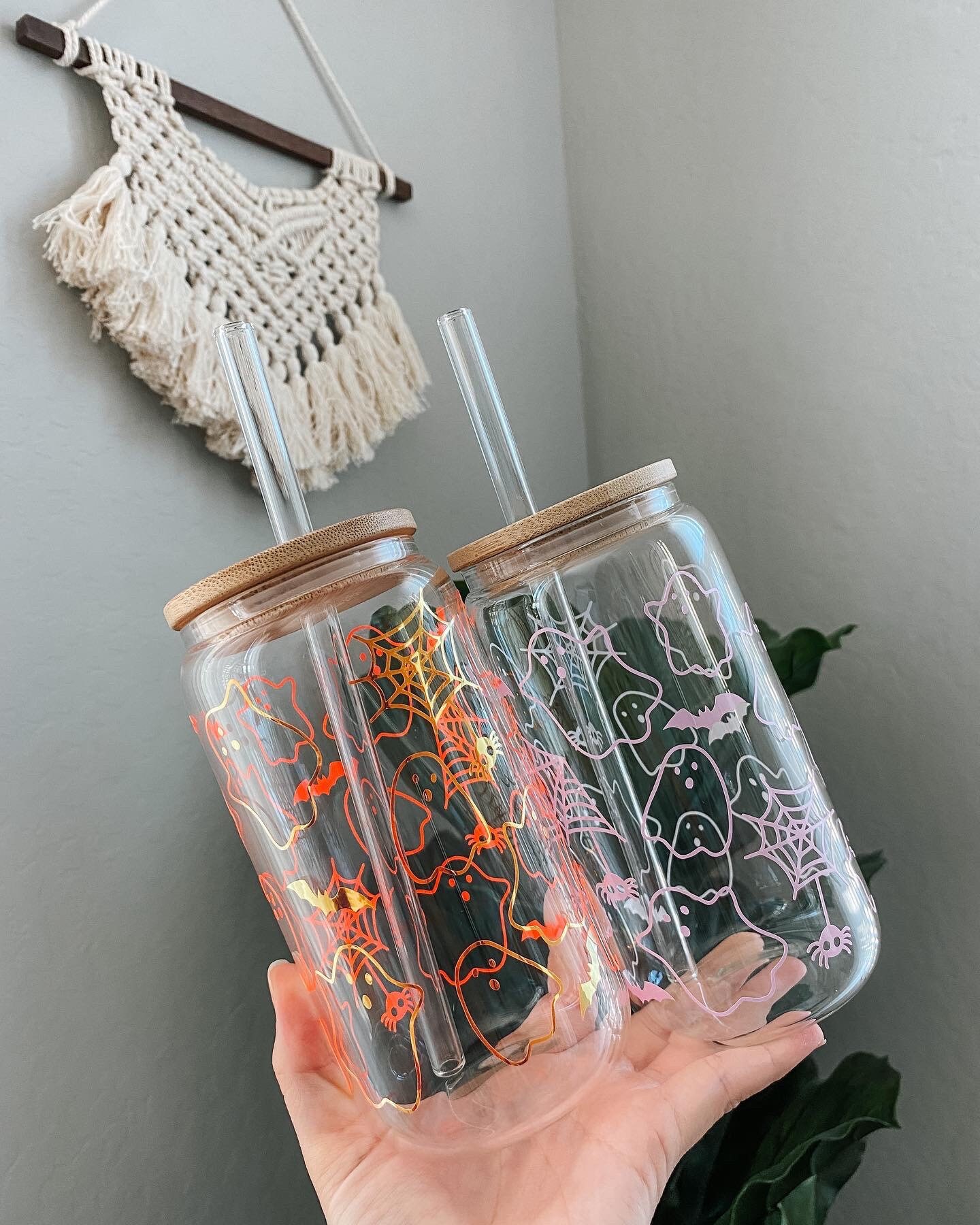 new colors available HALLOWEEN ghost glass cup w bamboo lid & glass straw | ghost cup | fall cup | coffee glass cup | iced coffee cup