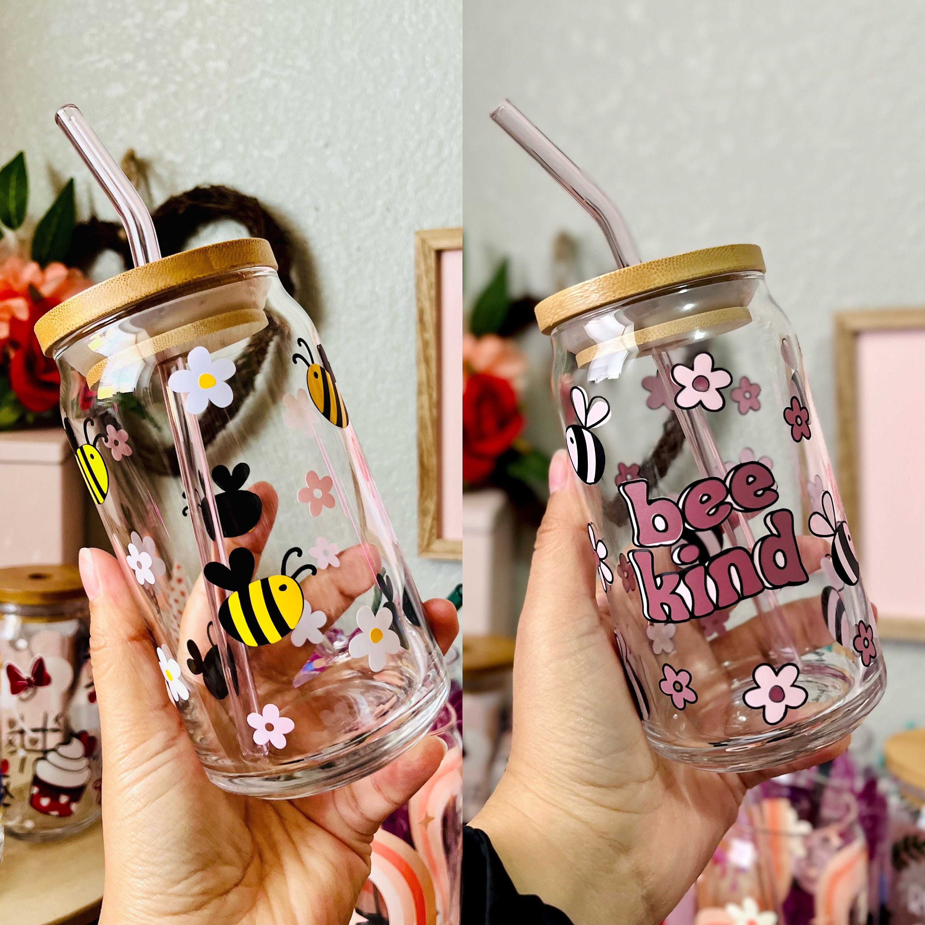 Bee Kind Floral Bees 16oz Beer Can Glass |Valentines Day| Spring |Self Love | Iced Coffee| Smoothie| Boho| Daisies| Save The Bees