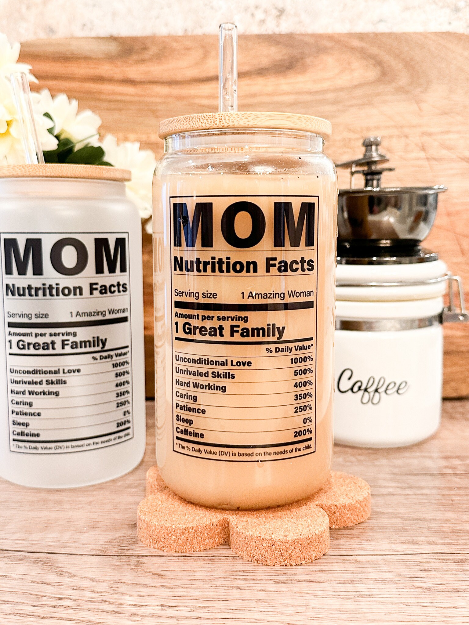 Mom Nutrition Fun Facts Iced Coffee Cup, Mommy Gift, Reusable Can Glass, w/Lid & Straw, Mother’s Day Gift, 16 oz Frosted or Clear Glass Cup