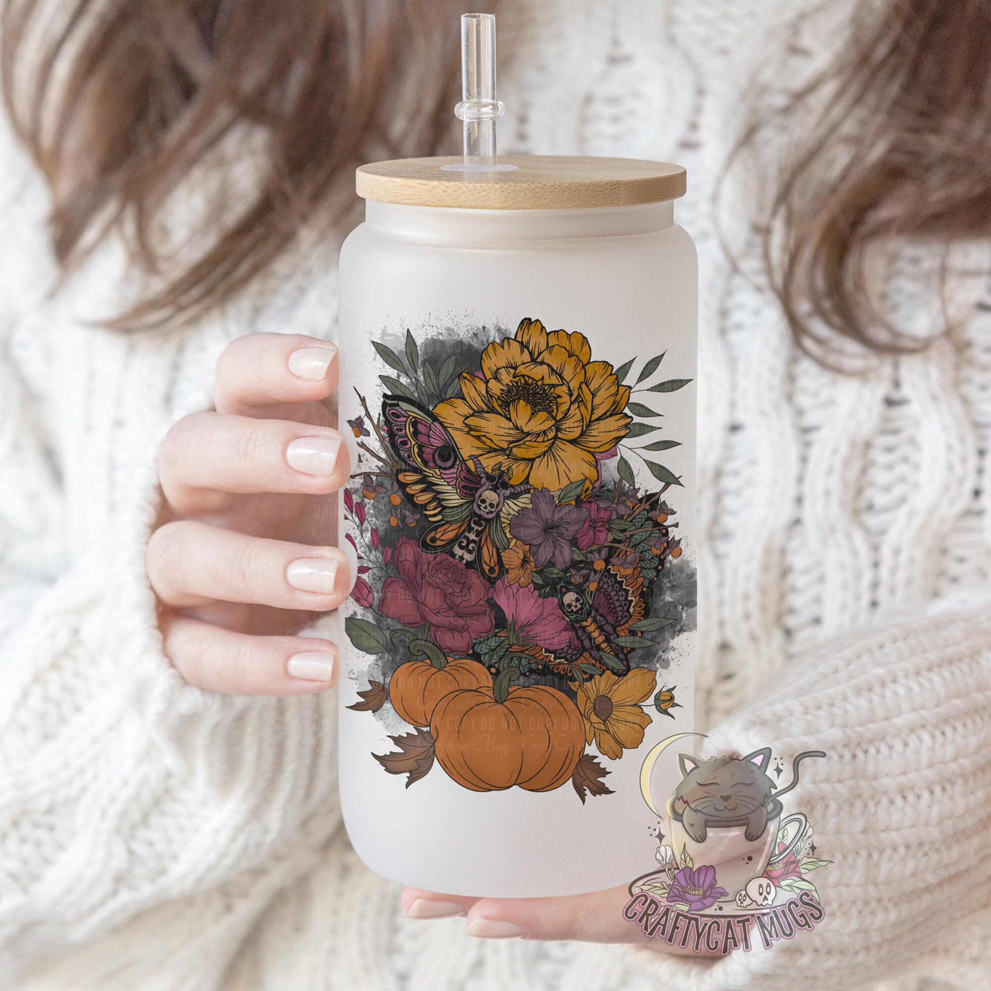 Frosted Glass Can | Fall Iced Coffee Cup | Witchy Coffee Glass | Floral Death Moth Mug