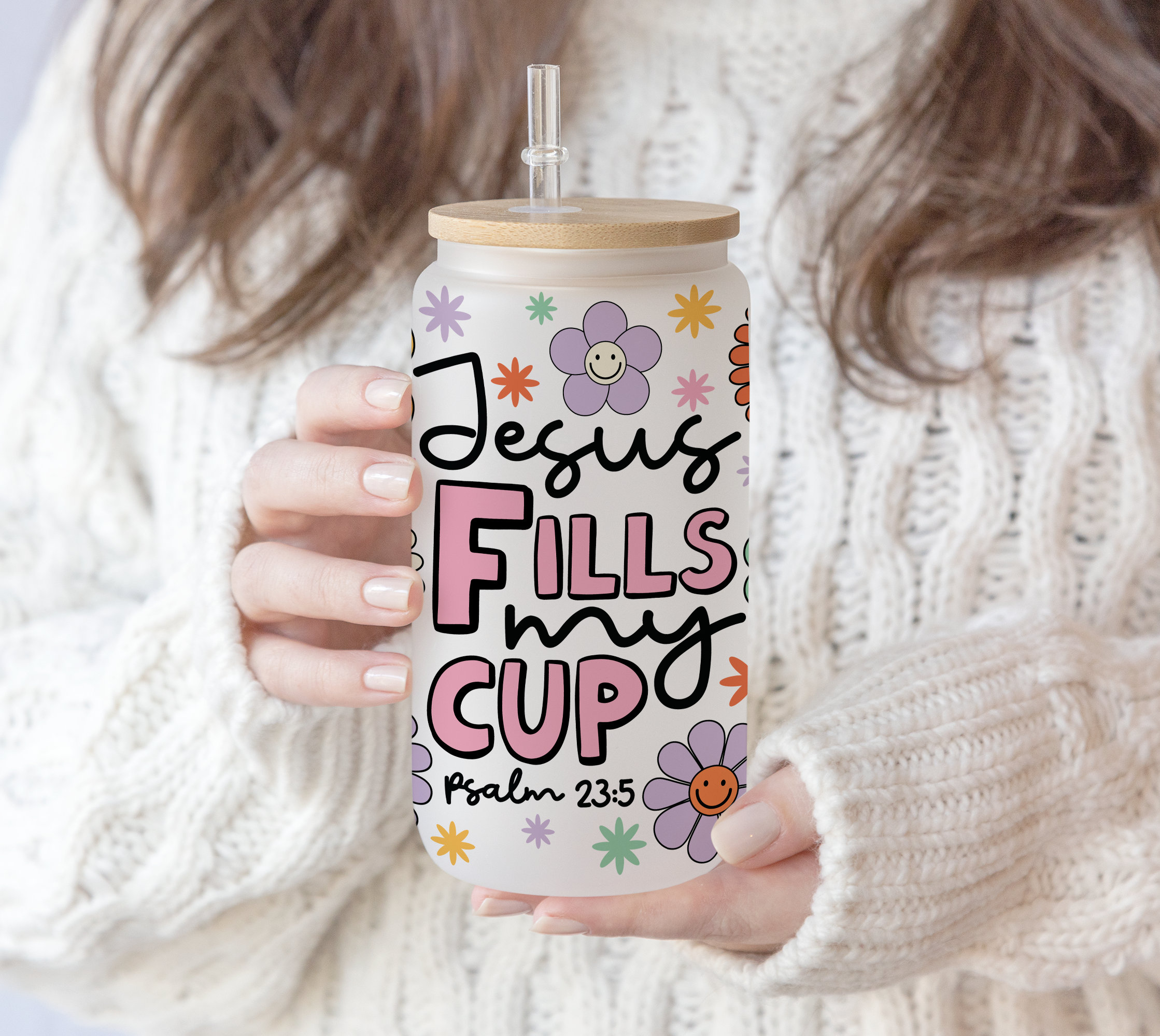 16 oz Libbey Glass Sublimation Jesus Fills My Cup , Biblical Glass can Design | Bible Christian Groovy Smiley Design | Bible Quote PNG file