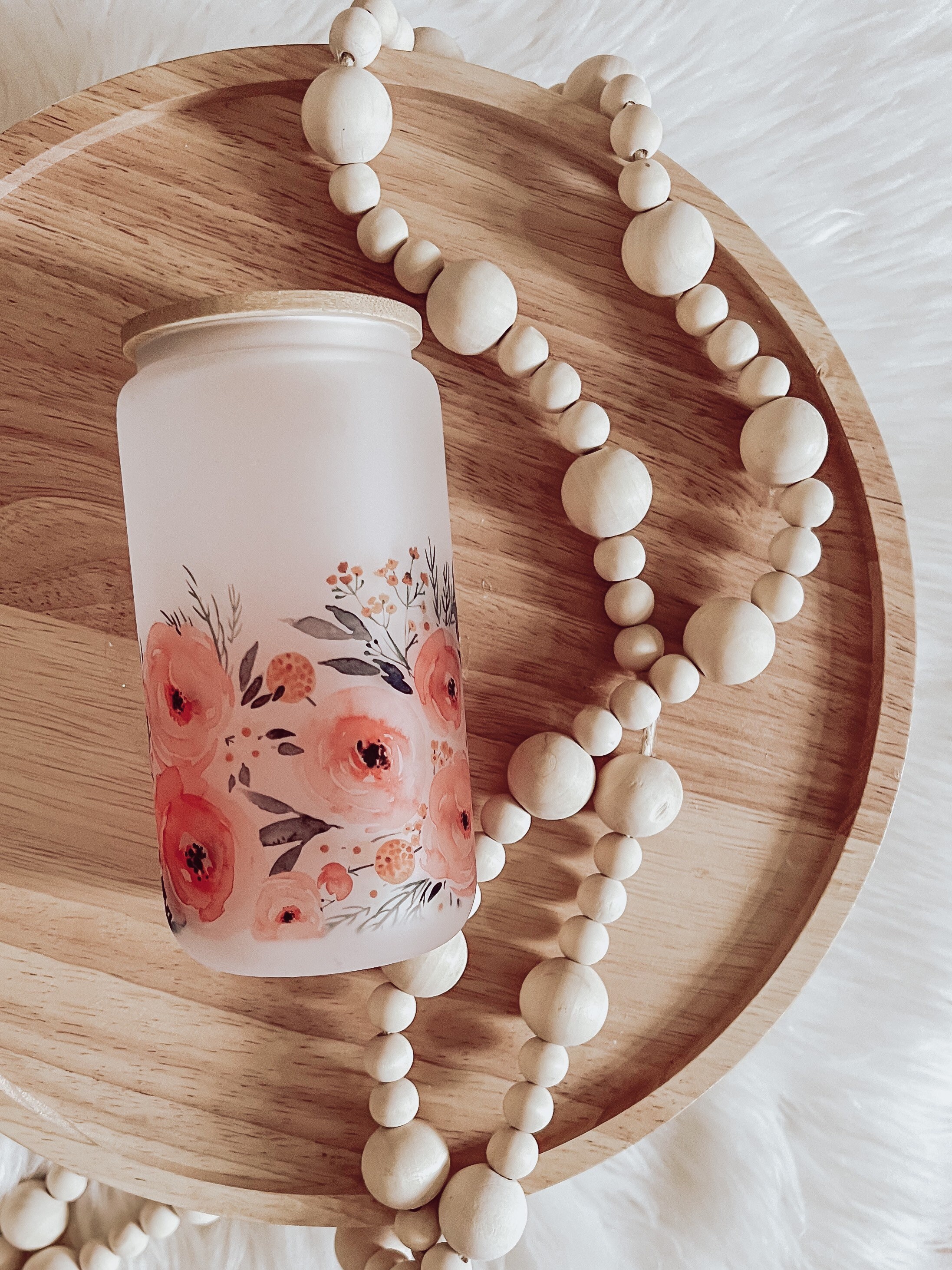 Floral Frosted Glass Can Cup, Watercolor Roses, Iced Coffee Cup, Smoothie Glass, Cup for Iced Coffee, Reusable Plastic Straw and Bamboo Lid