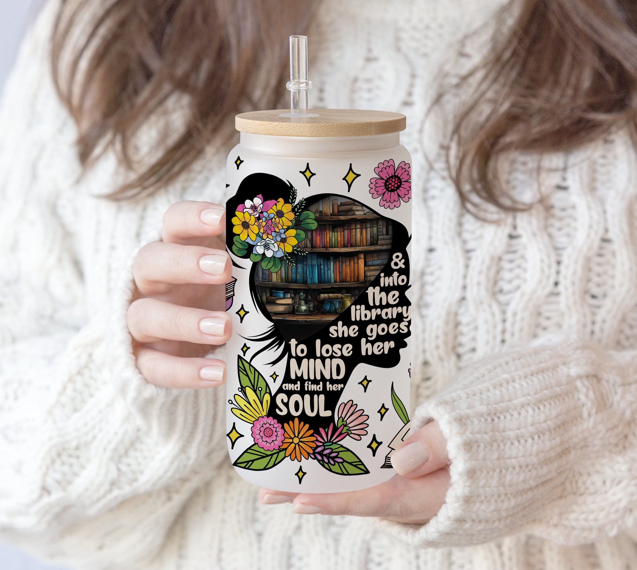 16 oz Libbey Beer Glass Can and into the library she goes to lose her mind and find her soul | Book Lover Bookworm Png File Download