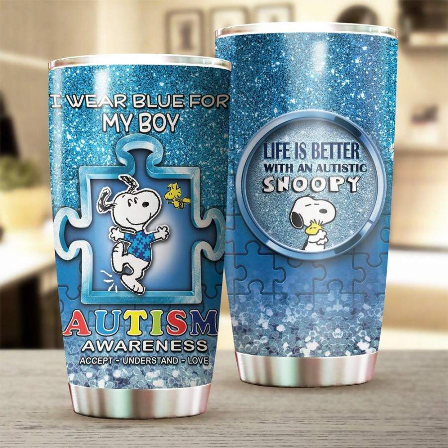 Autism Mug Snoopy I Wear Blue For My Boy Stainless Steel Tumbler 20 Oz Gift For Autism Awareness Stainless Steel Tumbler 20 Oz