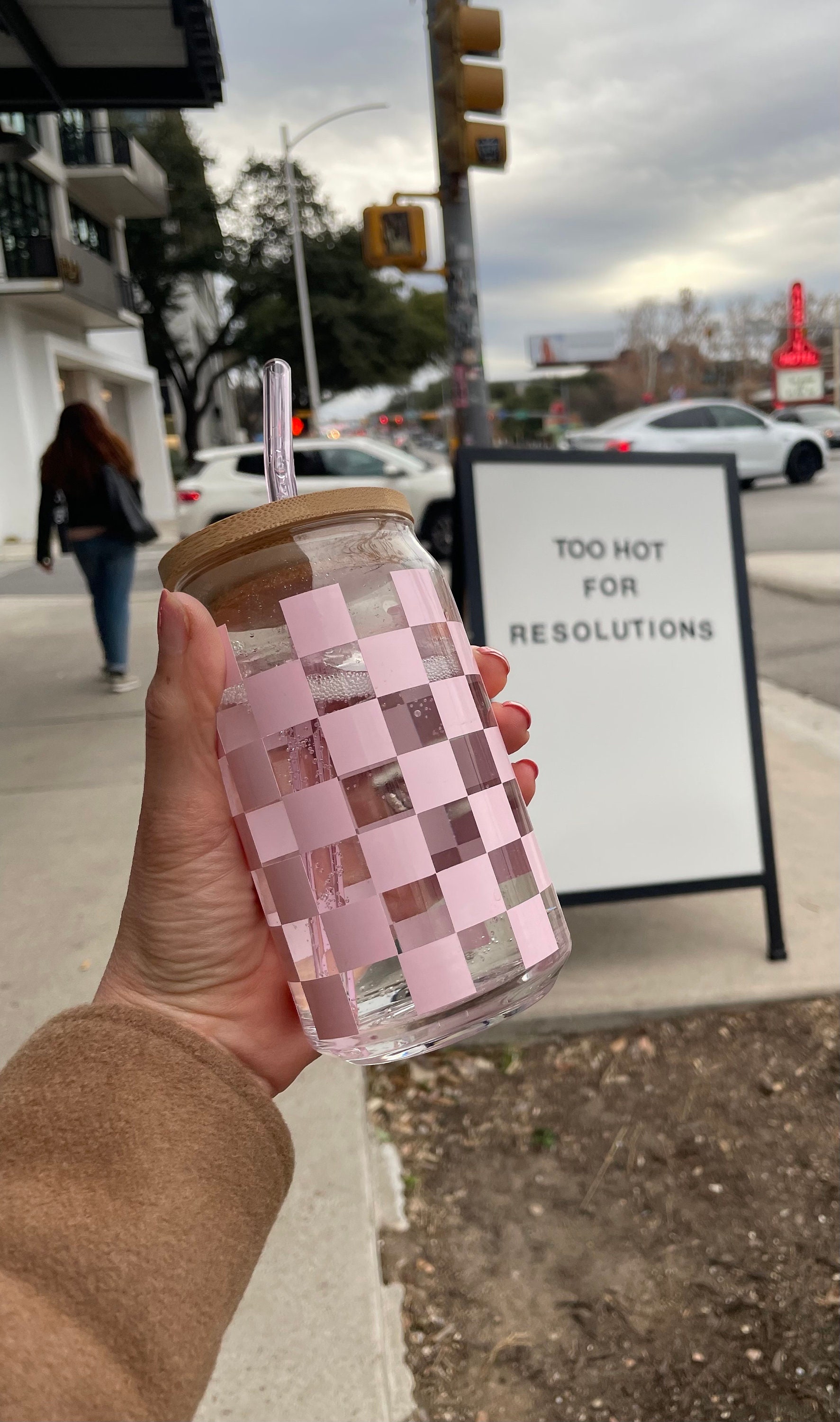 Checker Coffee Glass Cup, Custom Color Check Mate Cup, Retro Can Glass Cup, Trendy Coffee Glass, Fluorescent Cup, Iced Coffee Cup with Lid