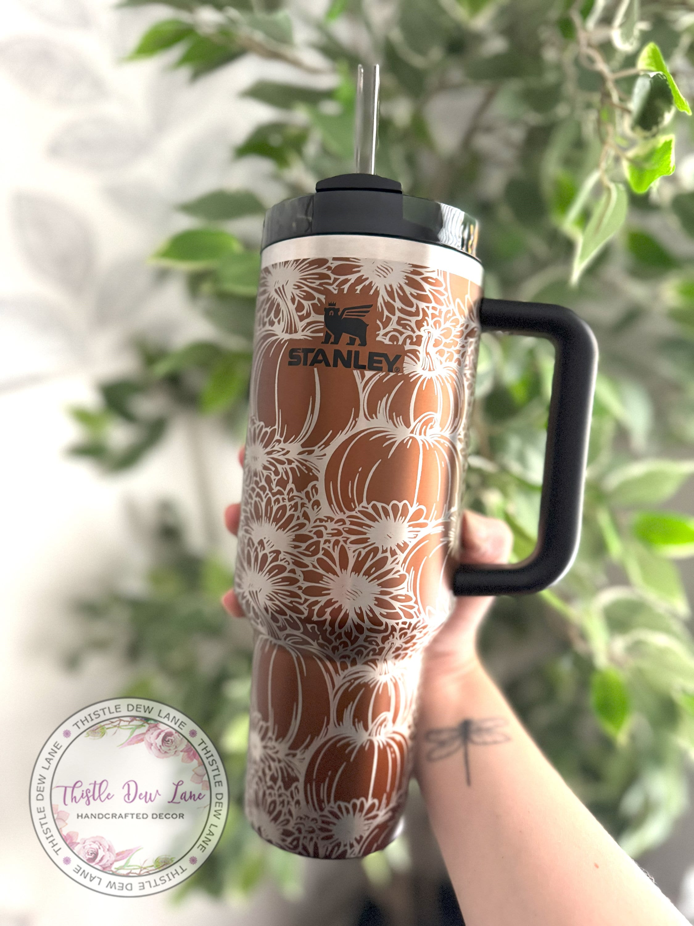 40oz tumbler, 30oz tumbler, Stanley Fall floral tumbler, Pumpkin tumbler, Laser engraved tumbler, Pumpkin and mum tumbler, Custom Stanley