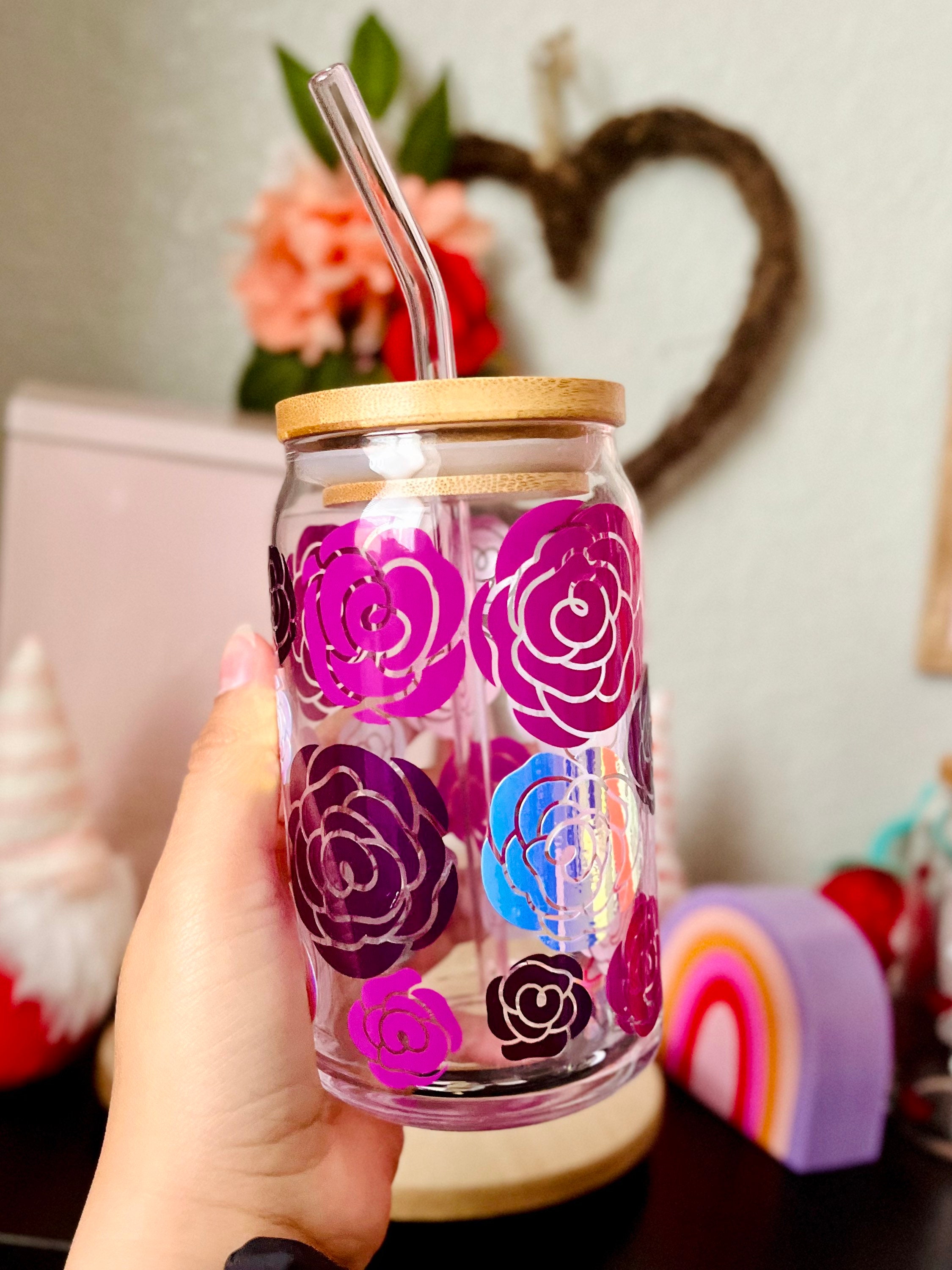 Floral 16 oz Beer Can Glass | Valentines Day | Spring Cup | Self Love | Iced Coffee | Smoothie Glass | xoxo Boho | Daisy | Mothers Day |Gift