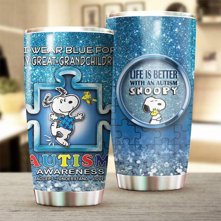 Snoopy I Wear Blue For My Great-Grandchildren Stainless Steel Tumbler 20 Oz Gift For Autism Awareness