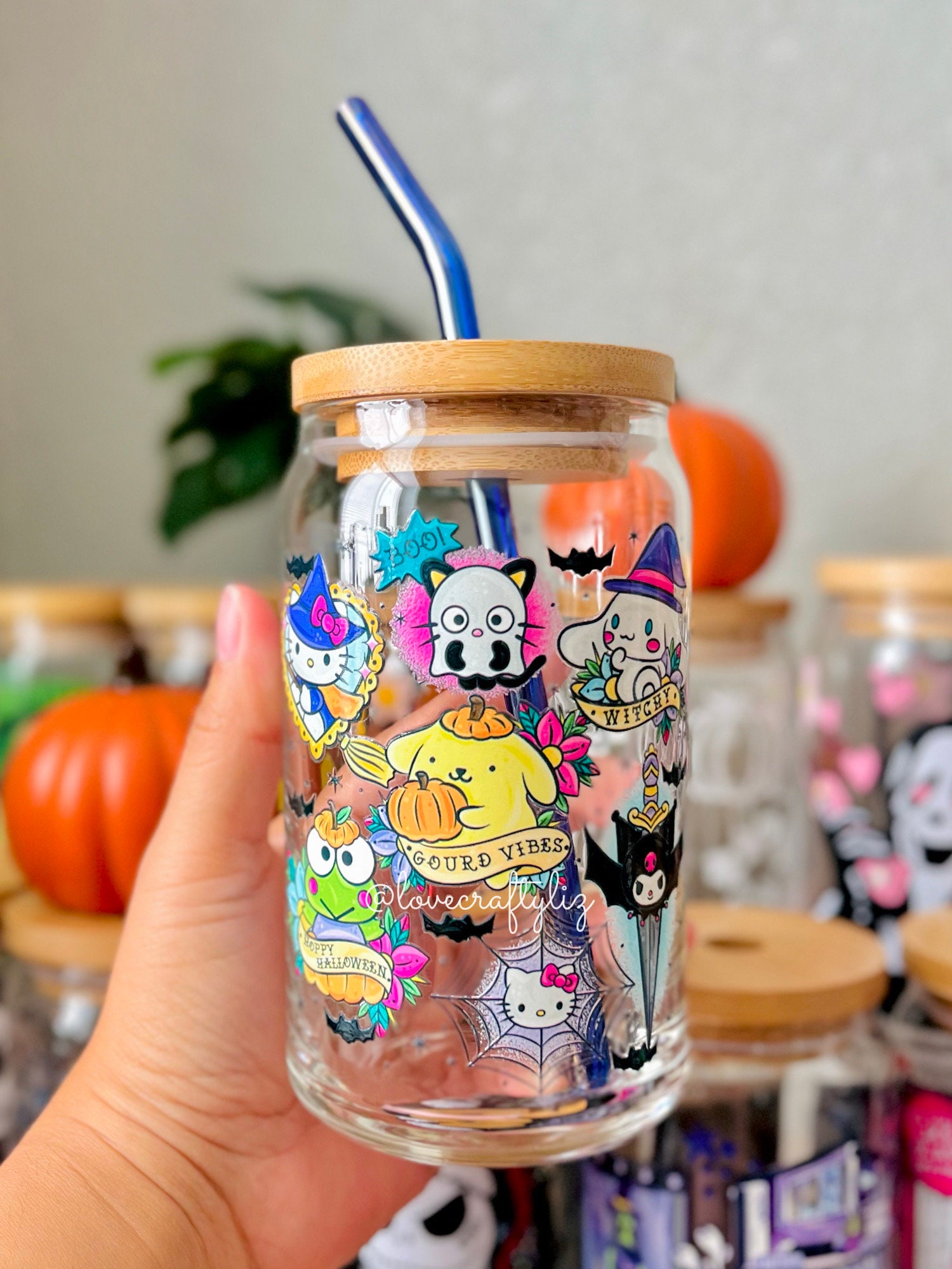 Halloween Kitty 16 oz Beer Can Glass |Spooky | Iced Coffee |Smoothie | Boho | Gift | Mom | Kawaii Cat | Bats | Witch | Ghost Kitty Friends