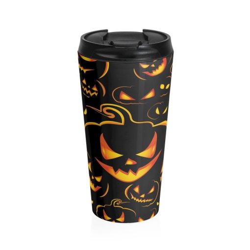 Stainless Steel Travel Mug, Halloween Scary Pumpkin Holiday Travel Mug, All Over Print Steel Mug, 15 Ounce Tumbler, 15Oz Coffee Tea Mug