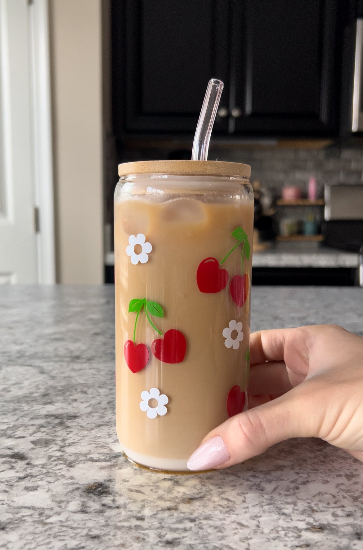 Cherry Hearts Cup | Valentines Glass Cup | Iced Coffee Glass with Straw | Cute Vday Cup with Straw | Cherry Valentine Cup