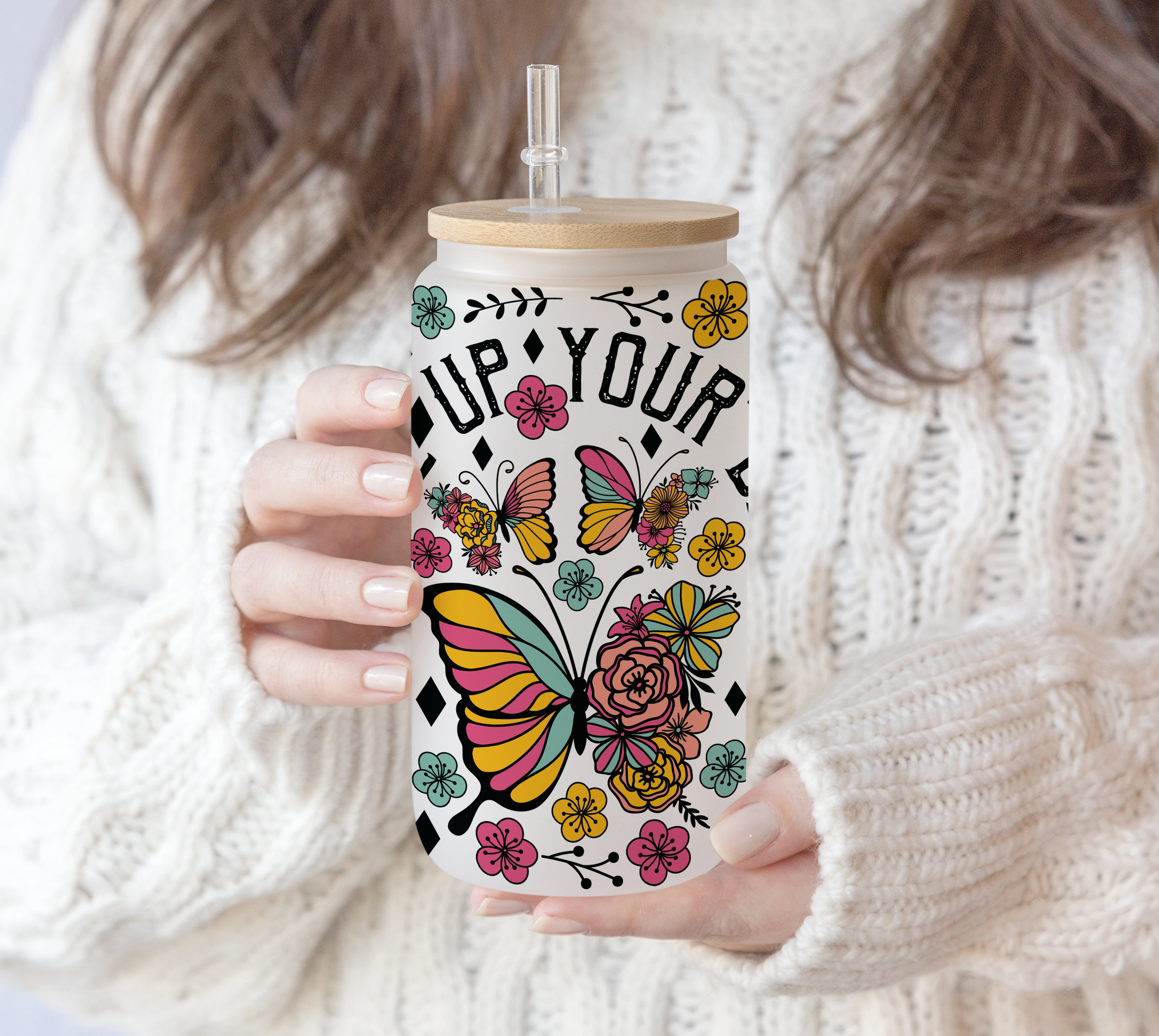 16 oz Libbey Glass Sublimation Bible Motivation Butterfly Flower | Biblical | Bible Christian Smiley Design | Bible Quote PNG file