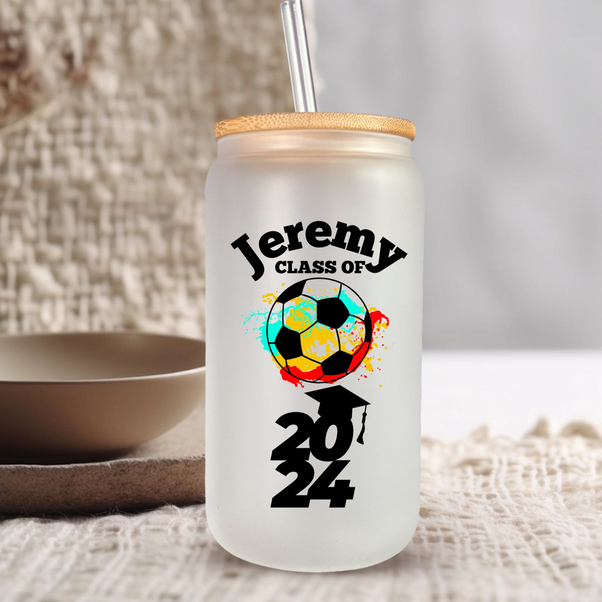 Custom Soccer Graduation Gift for Him, Libbey Beer Glass Can with Lid and Straw, Custom Graduation Gifts, Class of 2024 Gifts