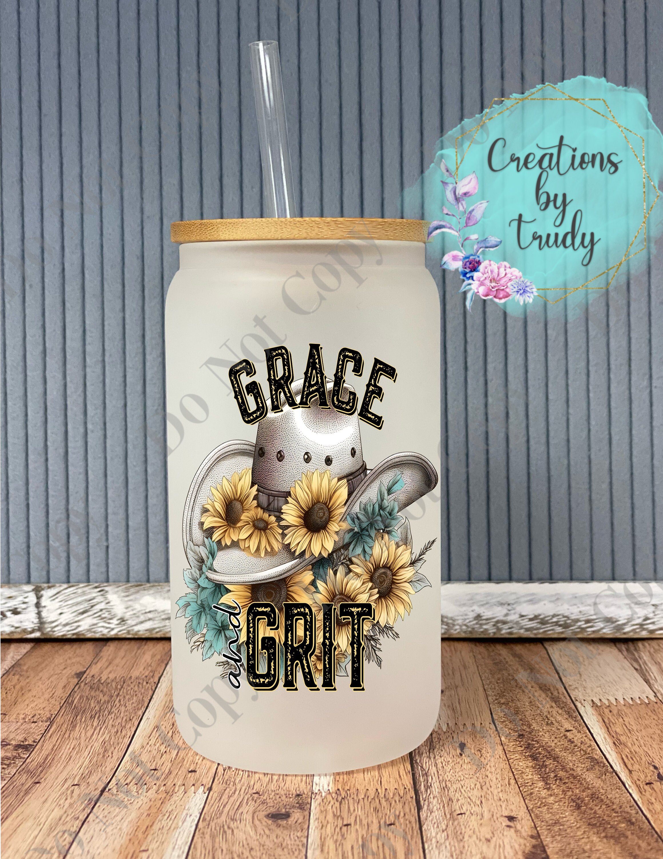 Grace and grit country- frosted can shaped glass with lid and straw