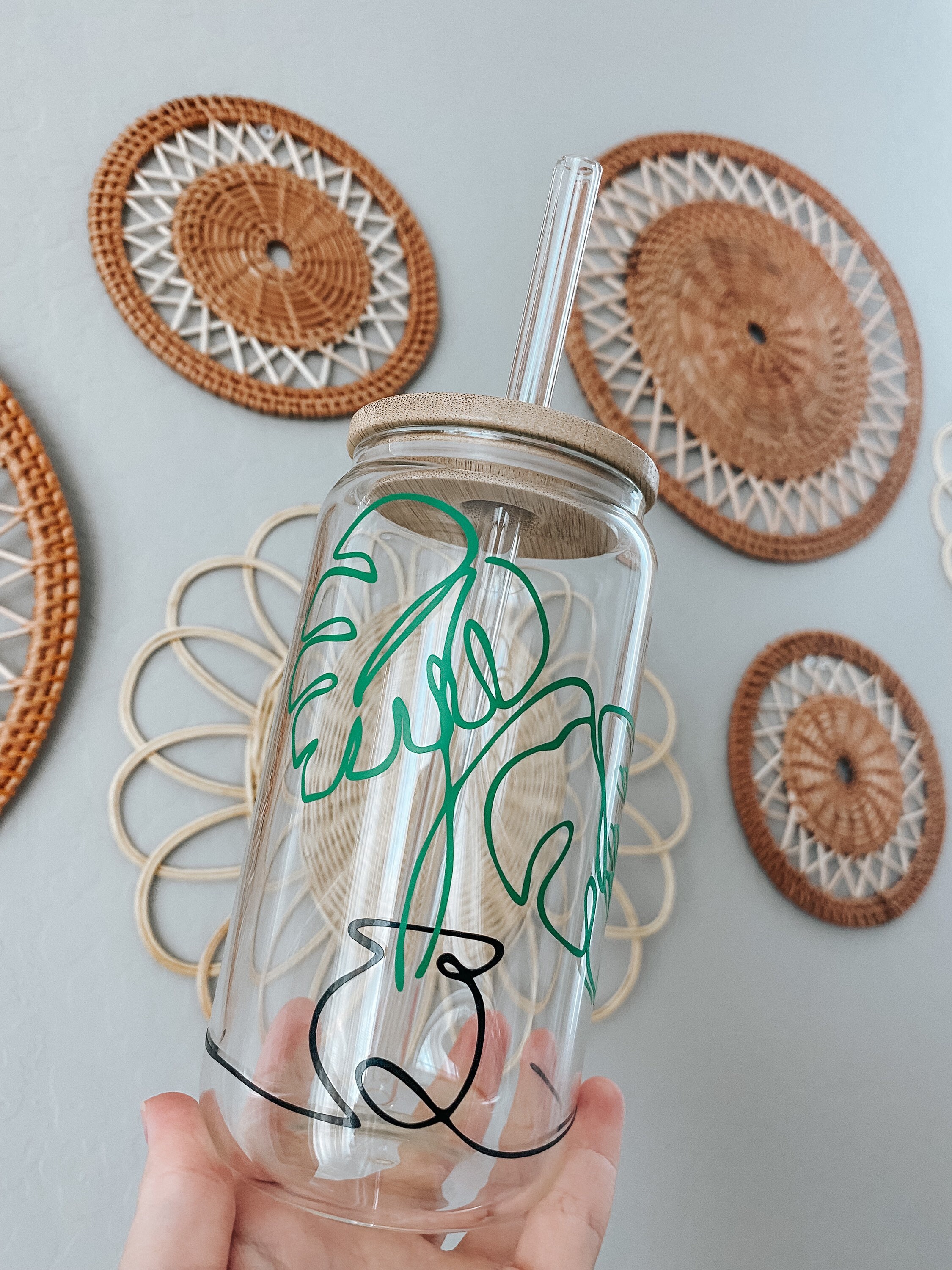 MONSTERA plant glass can cup | w/ bamboo lid & straw | iced coffee cup | beer glass can cup | coffee cup