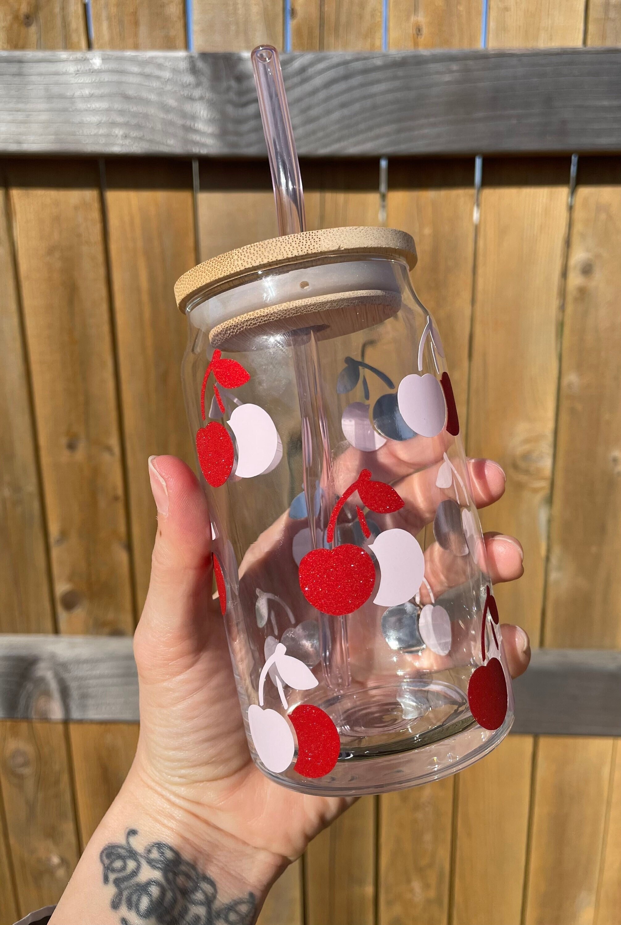 Cherry Iced Coffee Cup, Retro Glass Cup, Reusable Cup with Lid and Straw