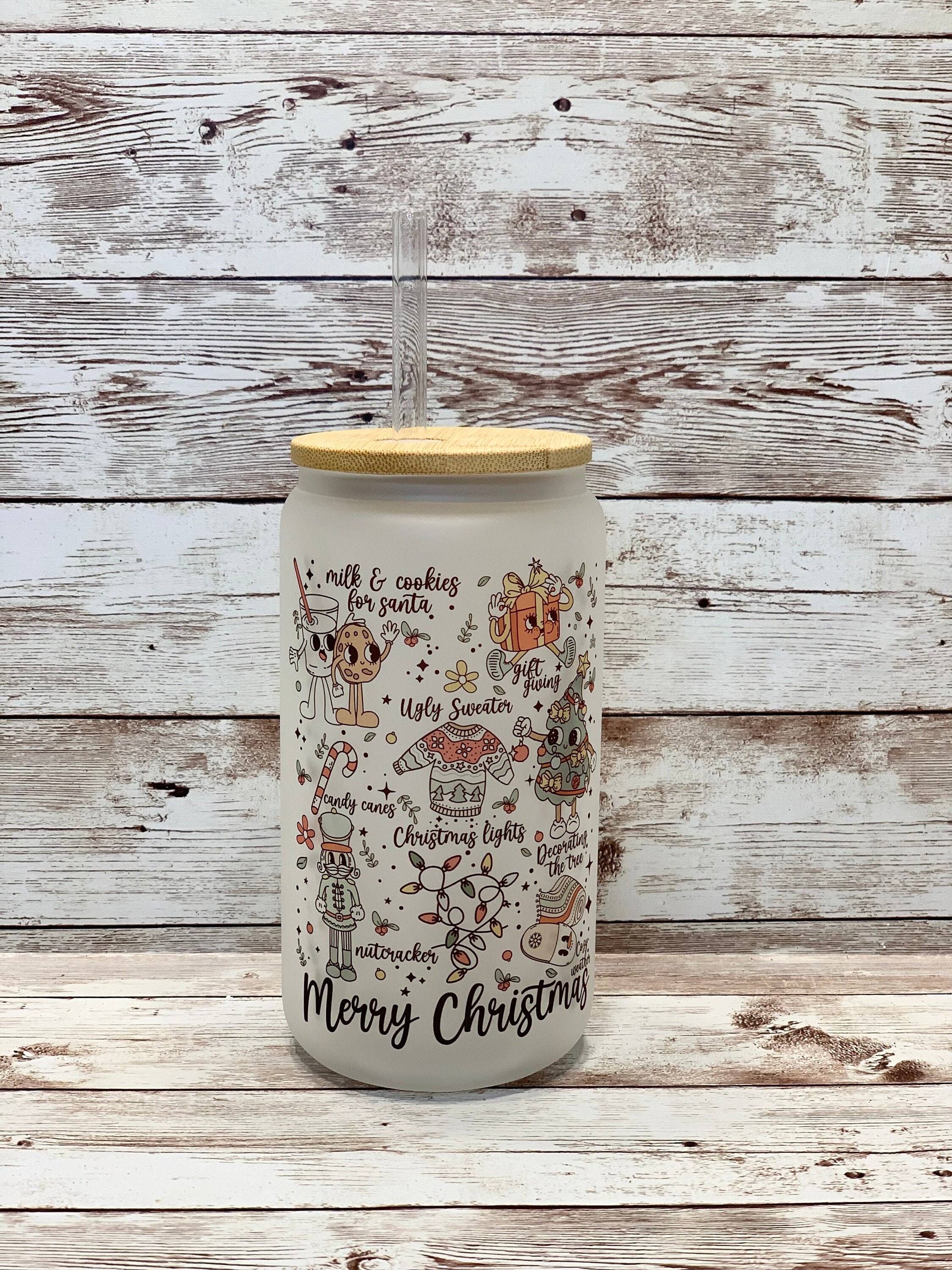 Merry Christmas Frosted Beer Can Glass / Custom Holiday Tumbler / Stocking Stuffer Gift for Her / Retro Christmas Glass / Vintage Xmas Decor