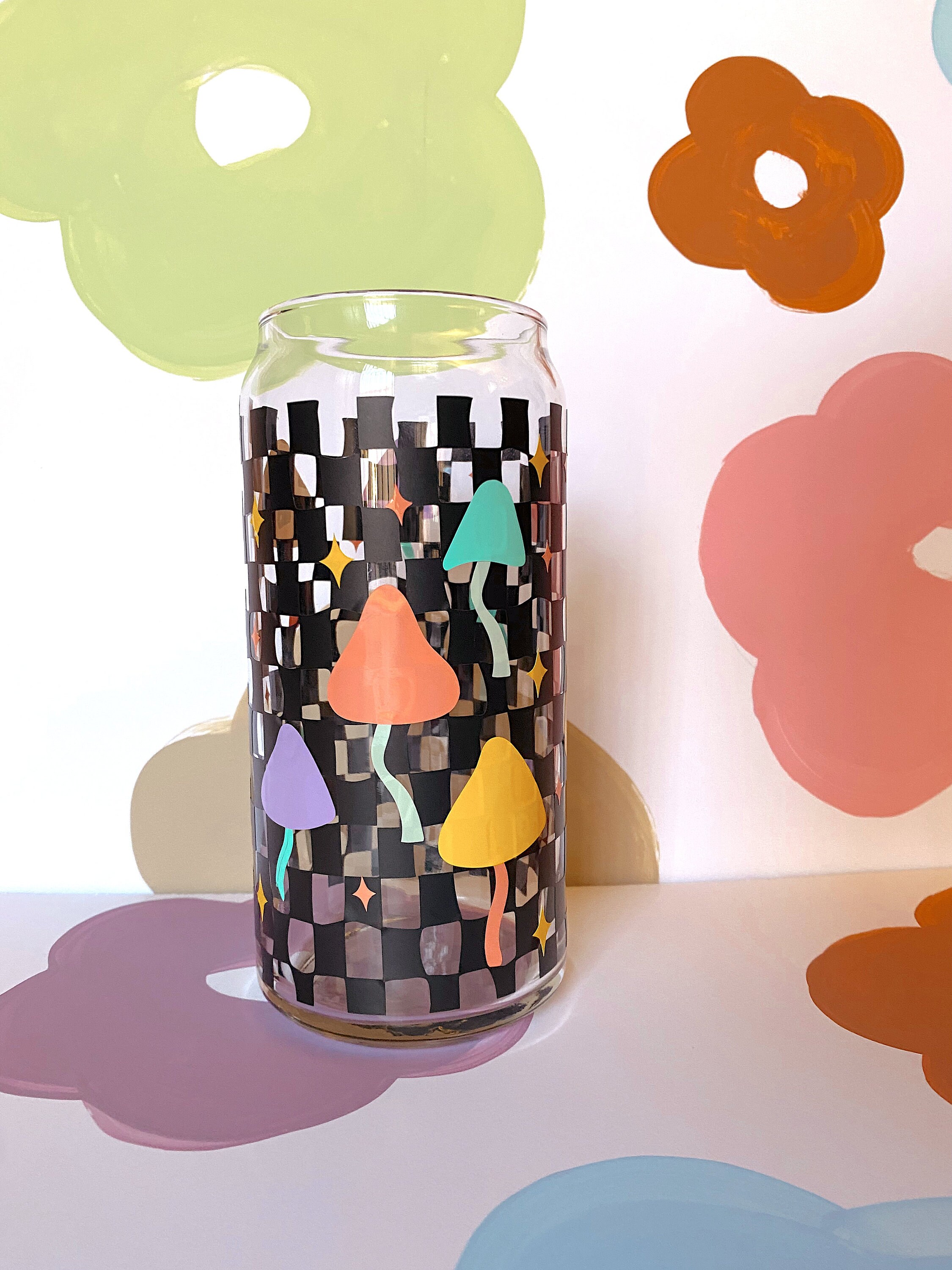 Psychedelic Trip Glass Cup, Checkered Glass Cup, Mushroom Glass Cup, Shrooms Glass Cup, Trendy Glass Cup, MilkmilkSugar SVG, Retro Glass