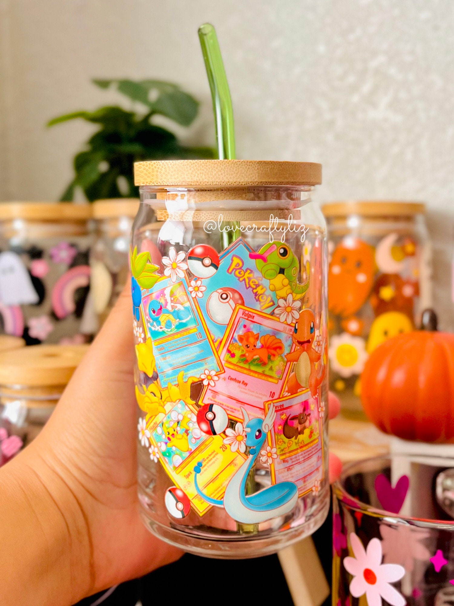 Poke Cards 16oz Beer Can Glass | Spring Cup | Iced Coffee | Gift | Daisies | Pocket Monsters | POGO| Eevee | PKMN | Floral | Spooky