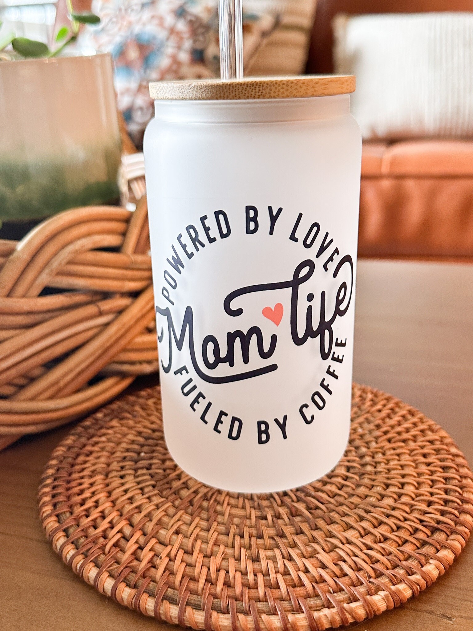 Mom Life Ice Coffee Glass, Momma Coffee Cup, Mother’s Day Gift, Ice Coffee Drink, Bamboo Lid & Straw, 16 oz. Glass Tumbler, Mommy Gift