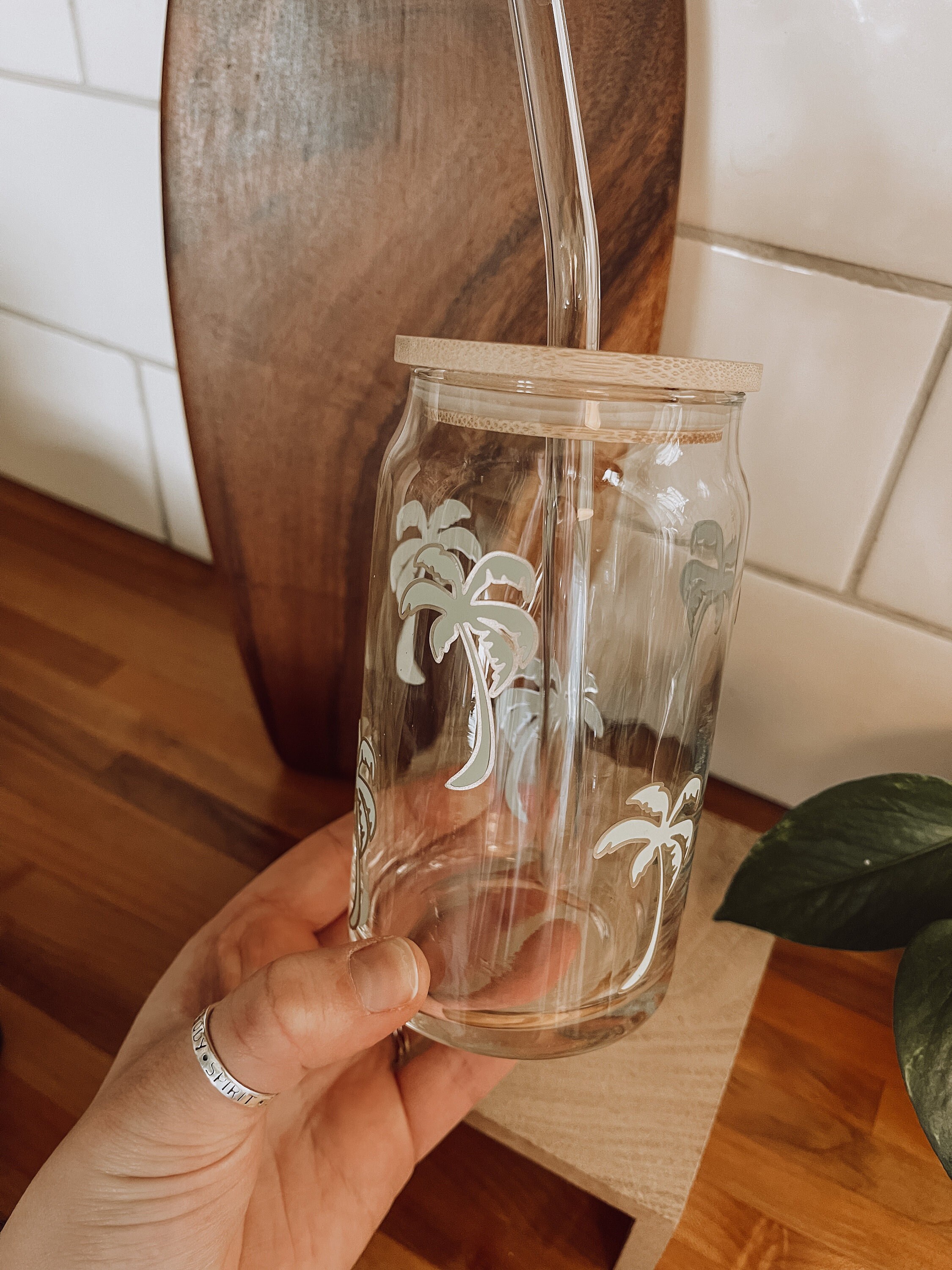 Palm Tree Iced Coffee Glass with Bamboo Lid & Glass Straw 16 oz | Beer Can Glass, Can Glass, Tumbler, Cup, Tropical Cup, Palm Tree Glass Cup