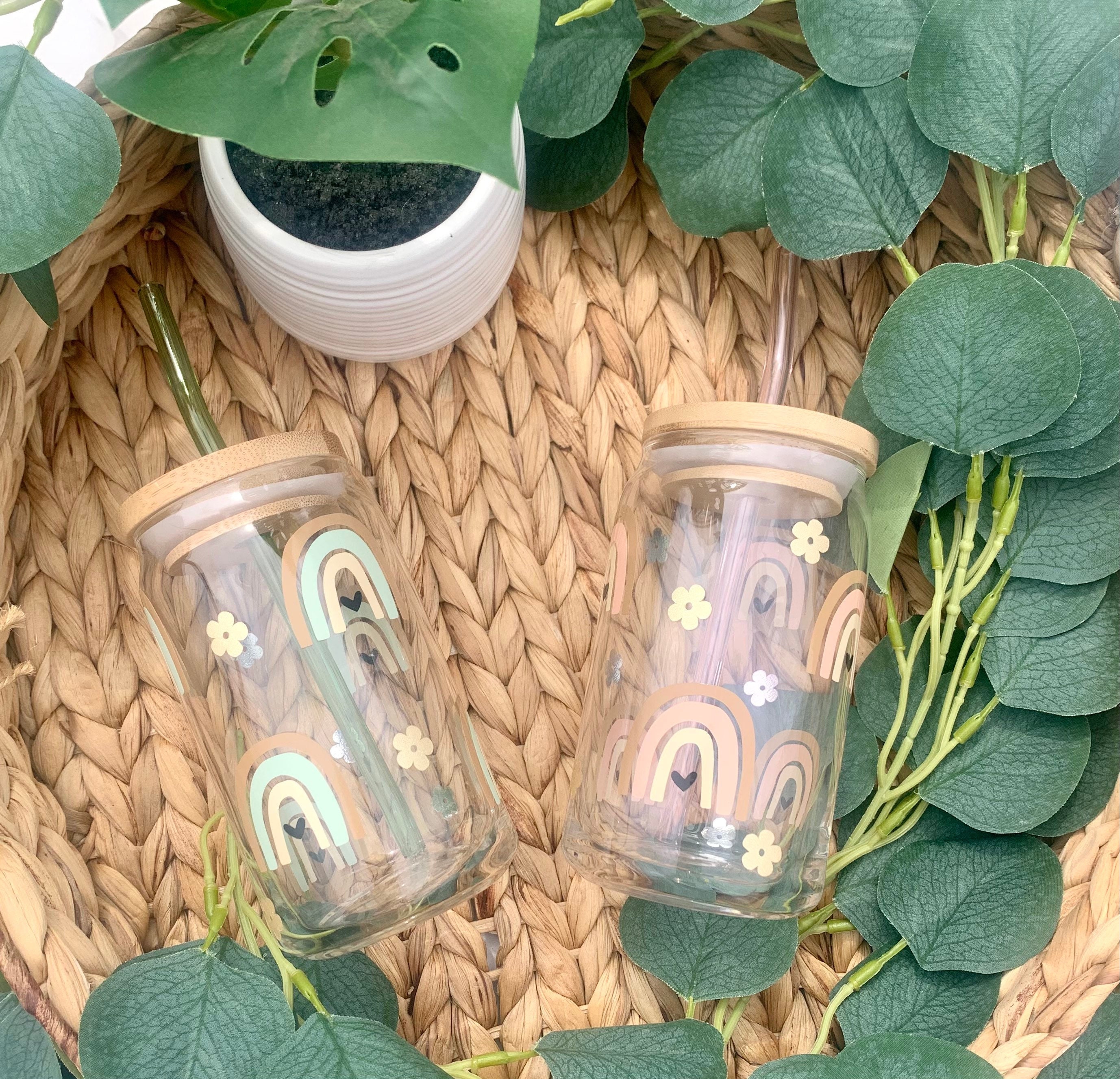 Rainbow & Flower Beer can glass, floral beer can glass, Beer glass, libbey glass, engraved lid, bamboo lid and glass straw, ice coffee glass