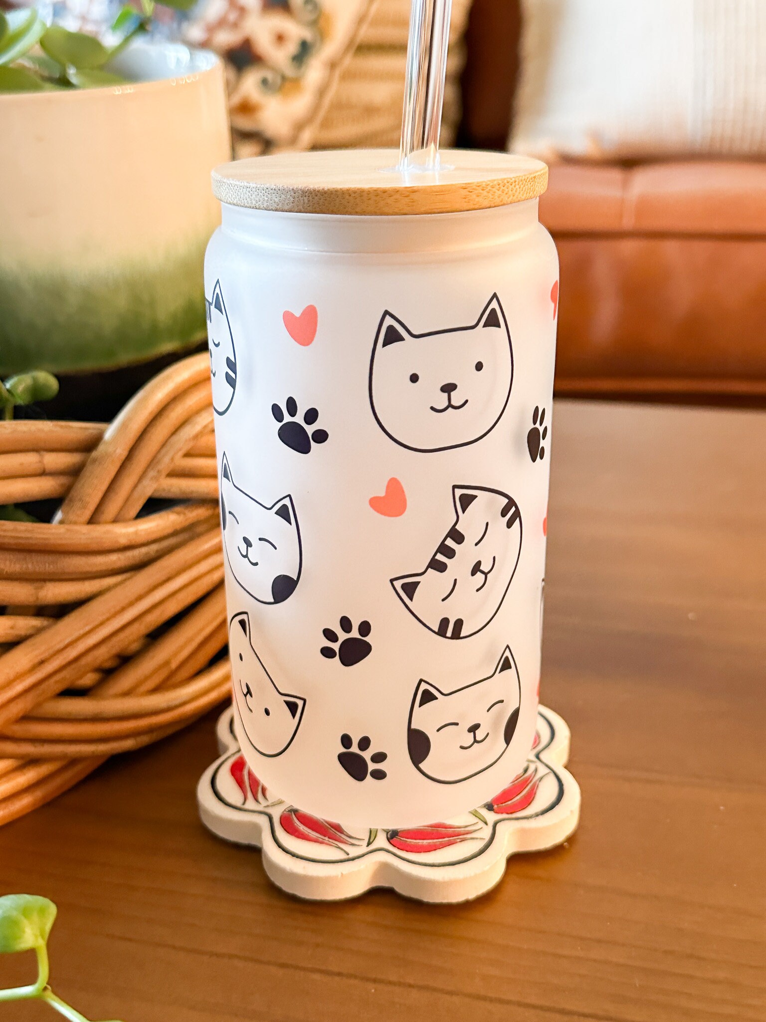 Cat Lover Ice Coffee Glass, Fur Momma Coffee Cup, Pet Cat Gift, Ice Coffee Drink, Bamboo Lid & Straw, 16 oz. Glass Tumbler, Gift for Friend