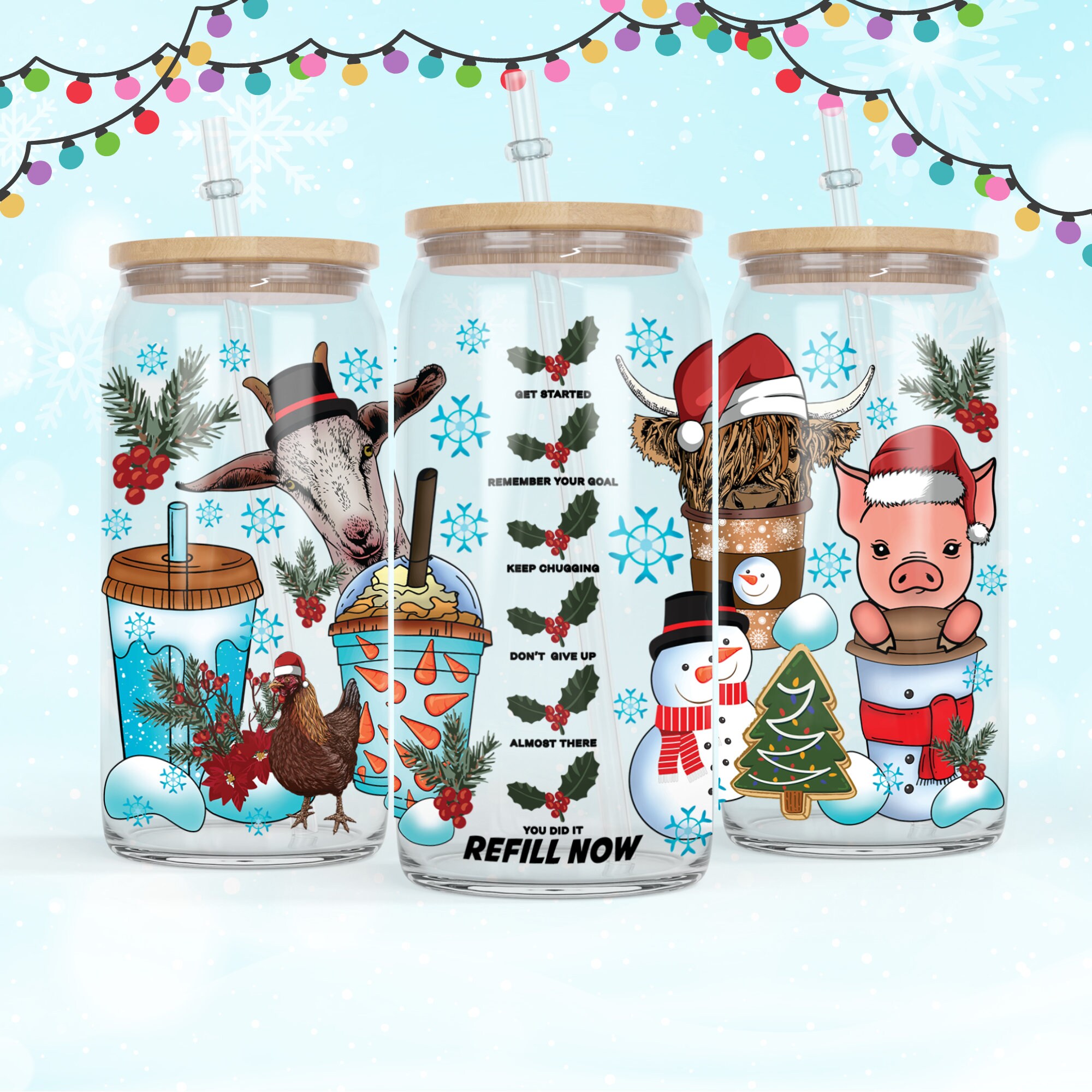 16 oz Libbey Beer Glass Can Hand drawn Water Tracker Refill Farm Animals Coffee Christmas Mom coffee lover Dog Christmas tree Coffee