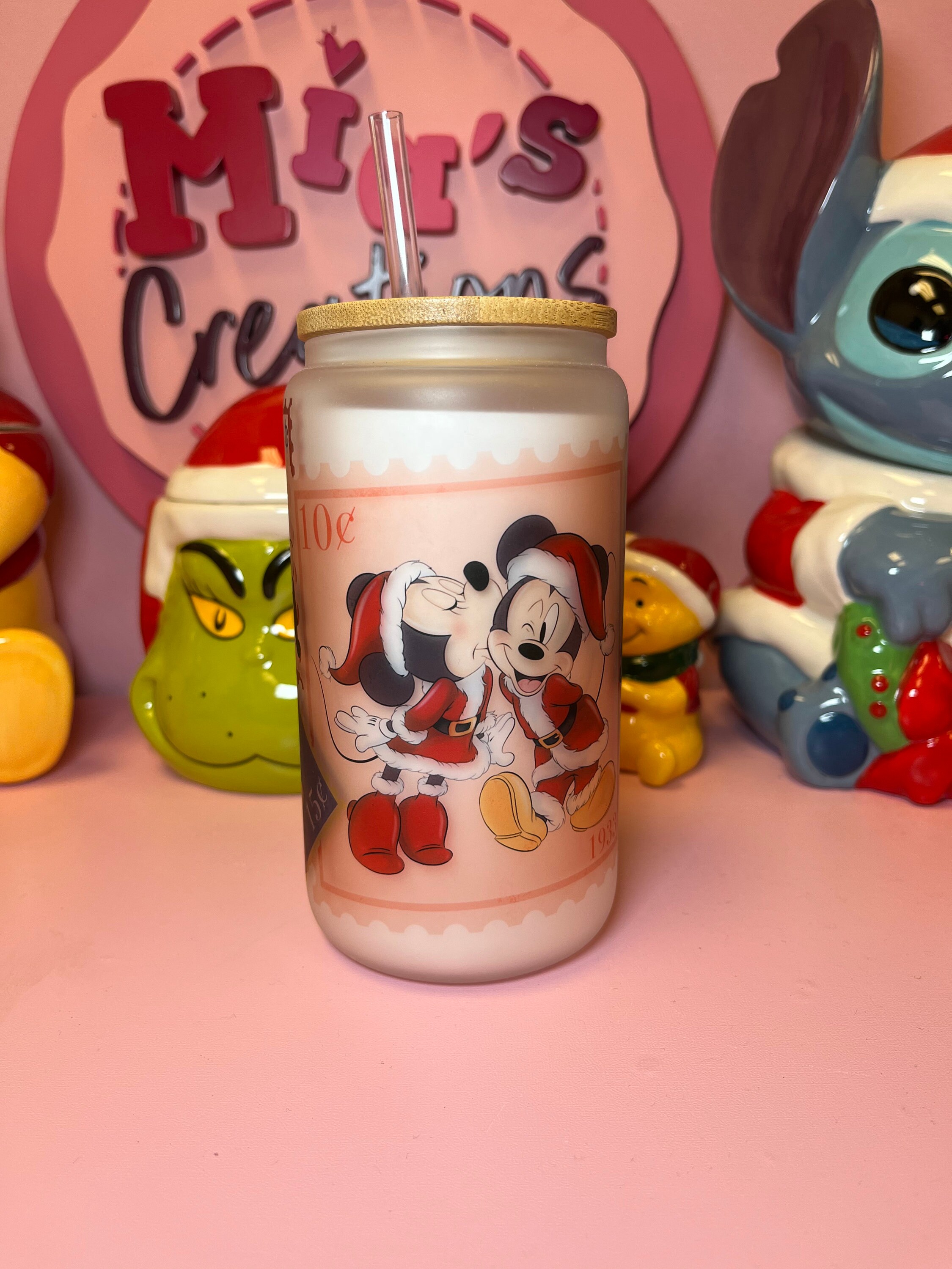 Mickey and Minnie postal frosted Christmas glass can, Mickey and Minnie Christmas frosted glass can