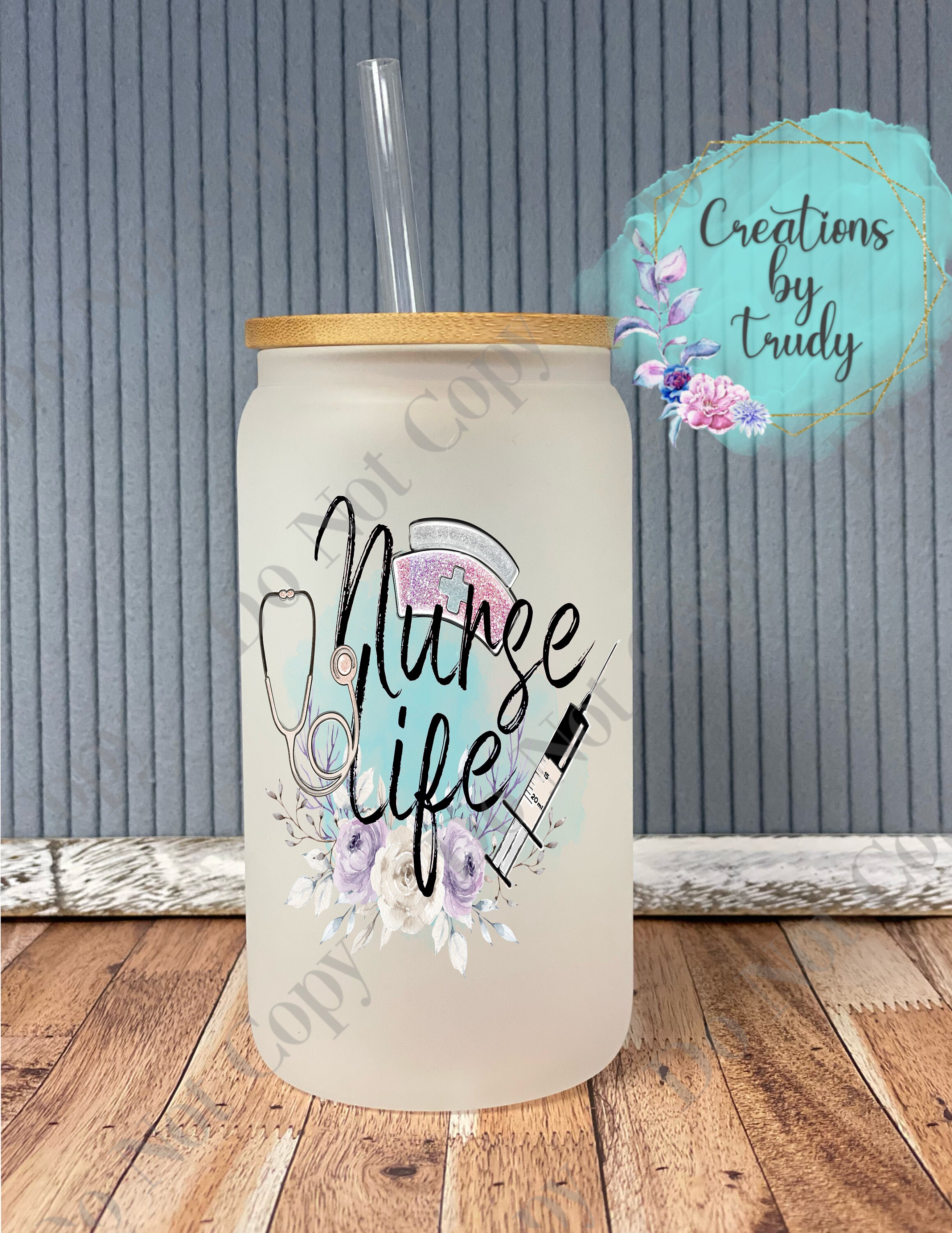 Nurse life- frosted can shaped glass with lid and straw