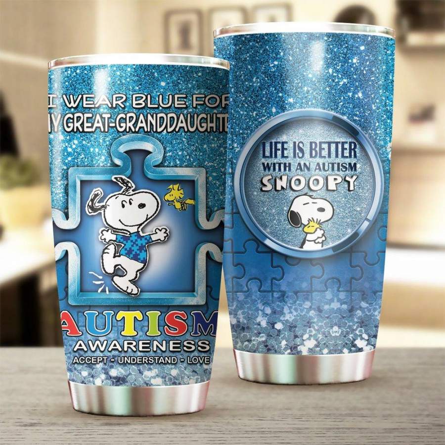 Snoopy I Wear Blue For My Great-Granddaughter Stainless Steel Tumbler 20 Oz Gift For Autism Awareness