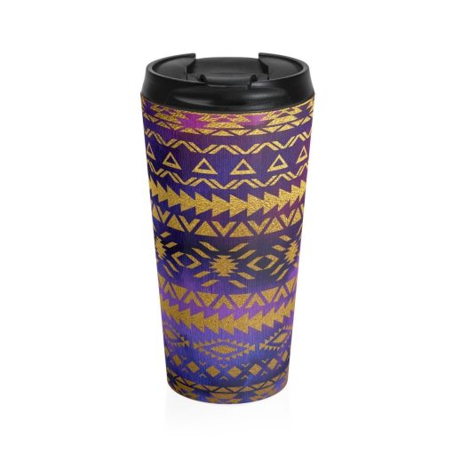 Stainless Steel Travel Mug, Aztec Boho Bohemian Hippie Travel Mug, Ombre Tribal Print Cup, 15 Ounce Tumbler, 15Oz Coffee Tea Drinkware